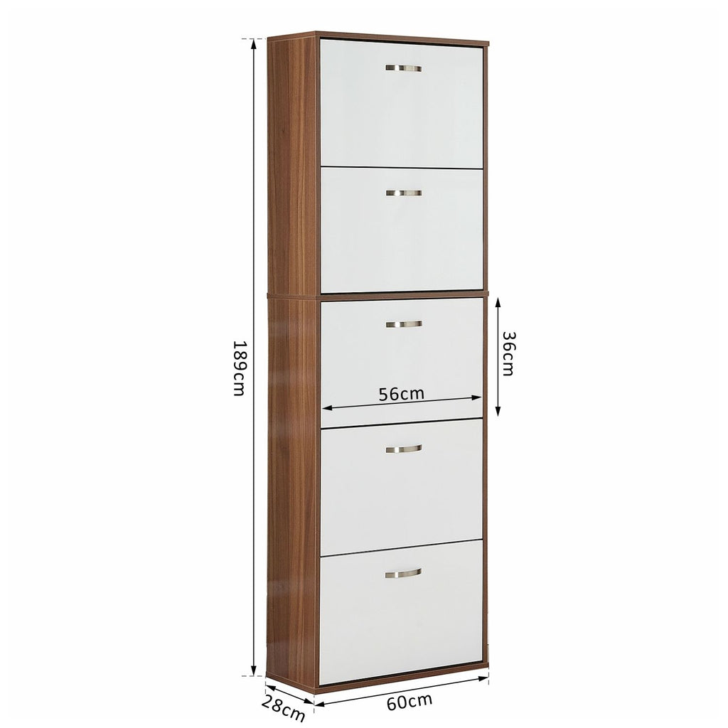 Slim 5-Tier Shoe Rack with 2 Shelves per Level, in MDF, 60x28x189 cm, White and Brown - Borgè