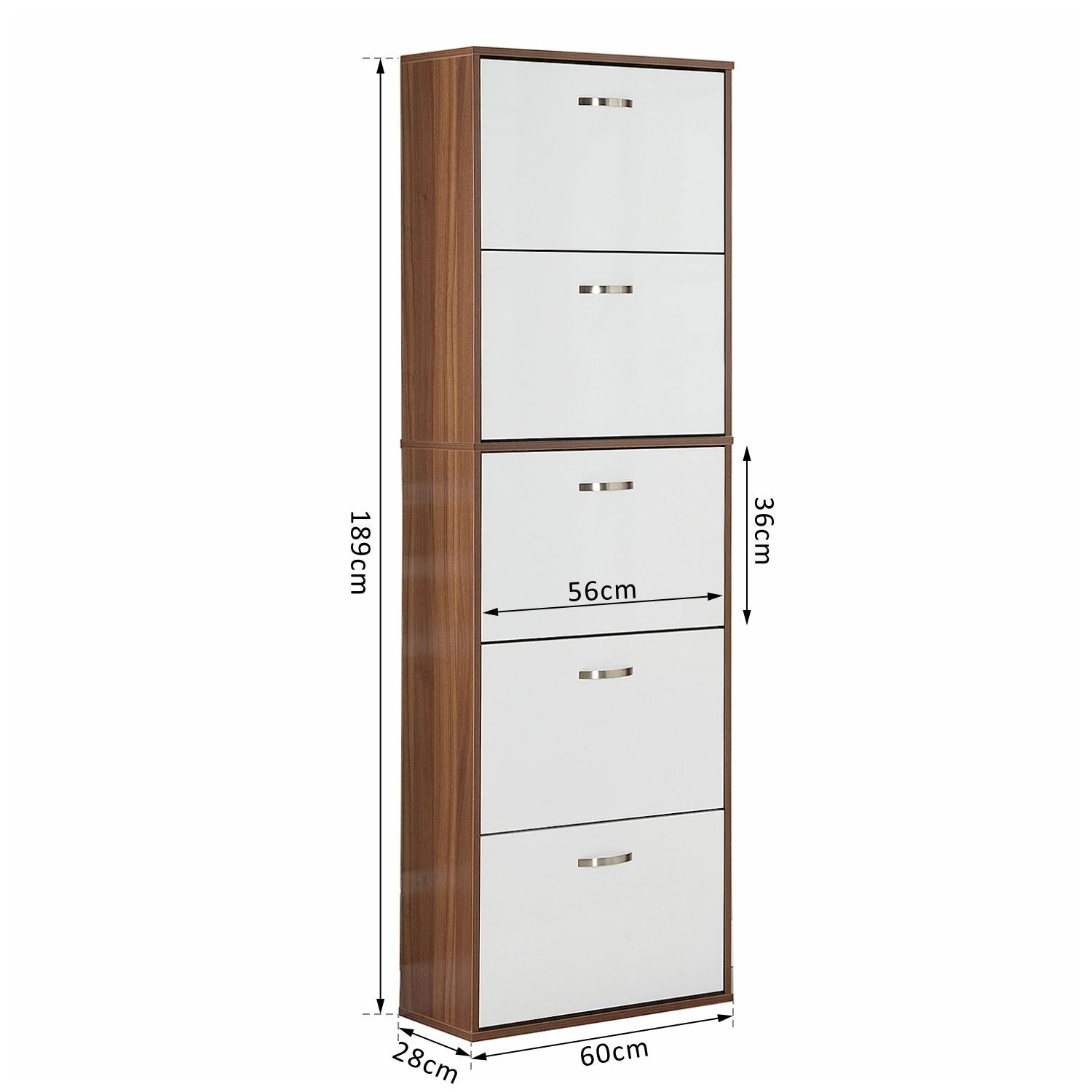 Slim 5-Tier Shoe Rack with 2 Shelves per Level, in MDF, 60x28x189 cm, White and Brown - Borgè