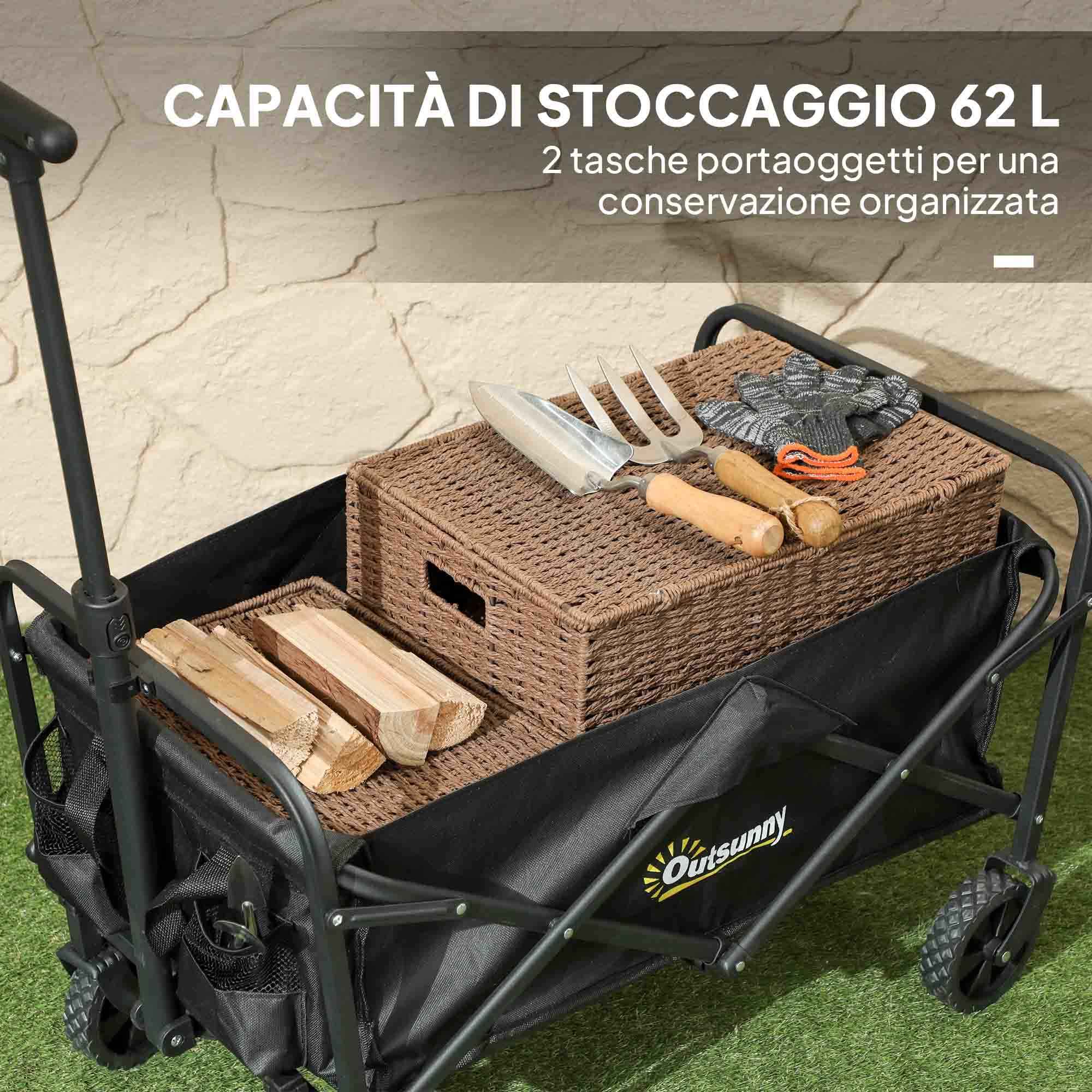 Outsunny 62L Folding Garden Cart with Adjustable Handle, Metal and Oxford Fabric, 76x48x86 cm, Black