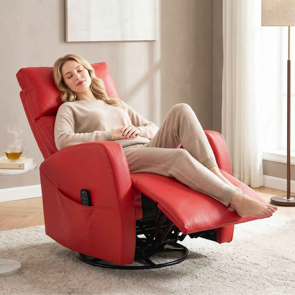 HOMCOM PU Leather Reclining Massage Chair with Heated Footrest and Remote Control, Red