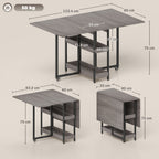 Folding Table with 2 Drop-Leaf Tops for 4 People with 2 Open Shelves, Made of Wood and Metal, 133.4 x 80 x 75 cm, Grey