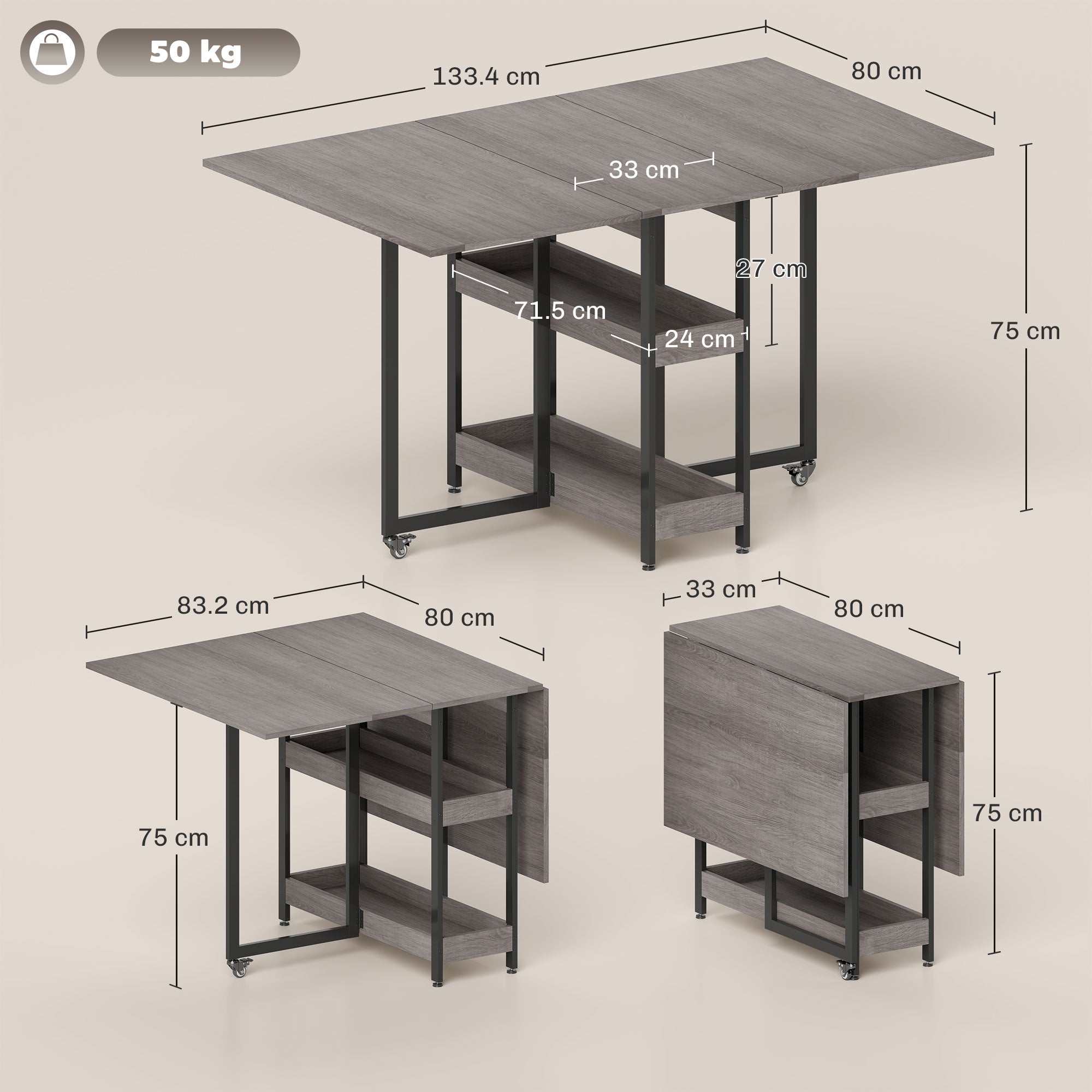 Folding Table with 2 Drop-Leaf Tops for 4 People with 2 Open Shelves, Made of Wood and Metal, 133.4 x 80 x 75 cm, Grey