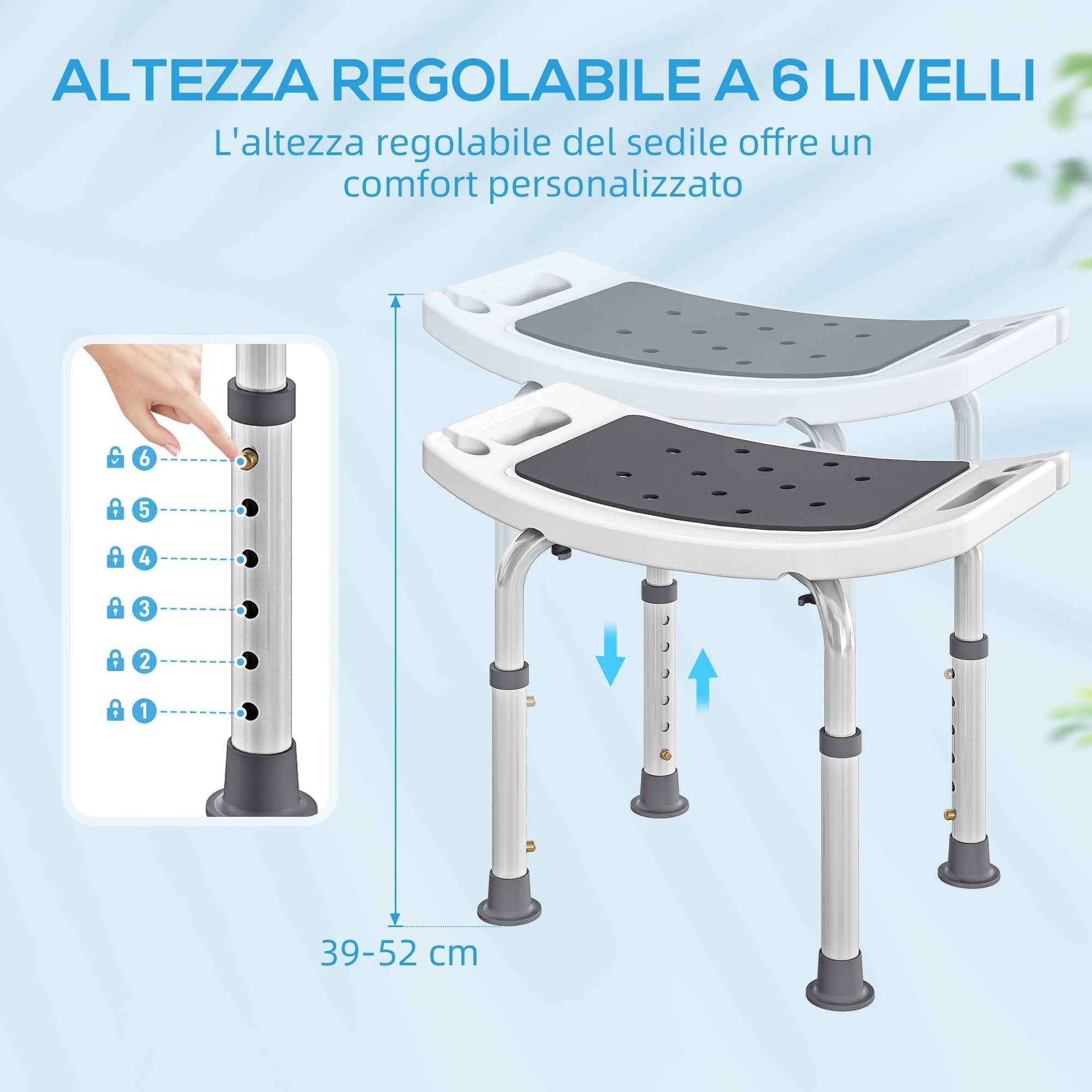 HOMCOM Shower Stool in Aluminum Alloy and Non-Slip Plastic, 6-Level Adjustable Height 39-52cm, Grey