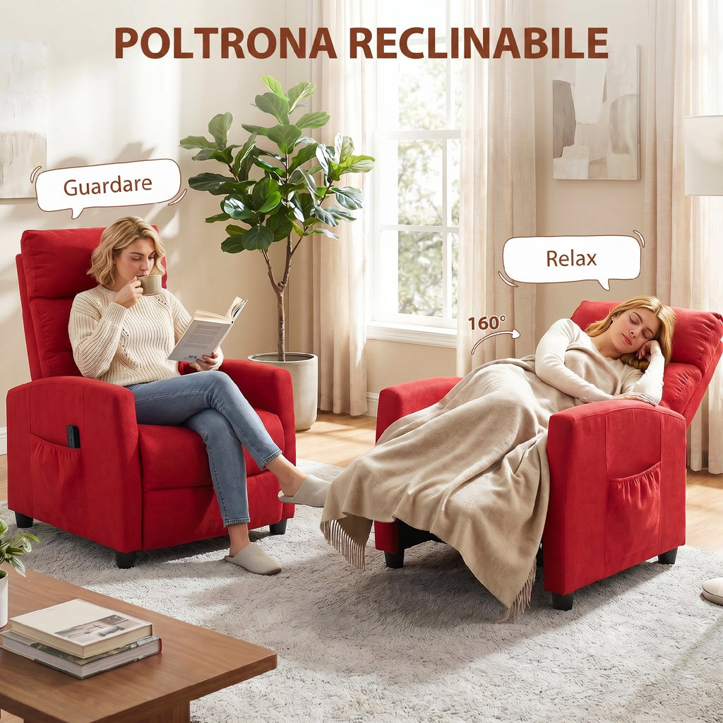 HOMCOM 160° Reclining Massage Chair with Footrest and Remote Control, 66x91x108 cm, in Wine Red Chenille