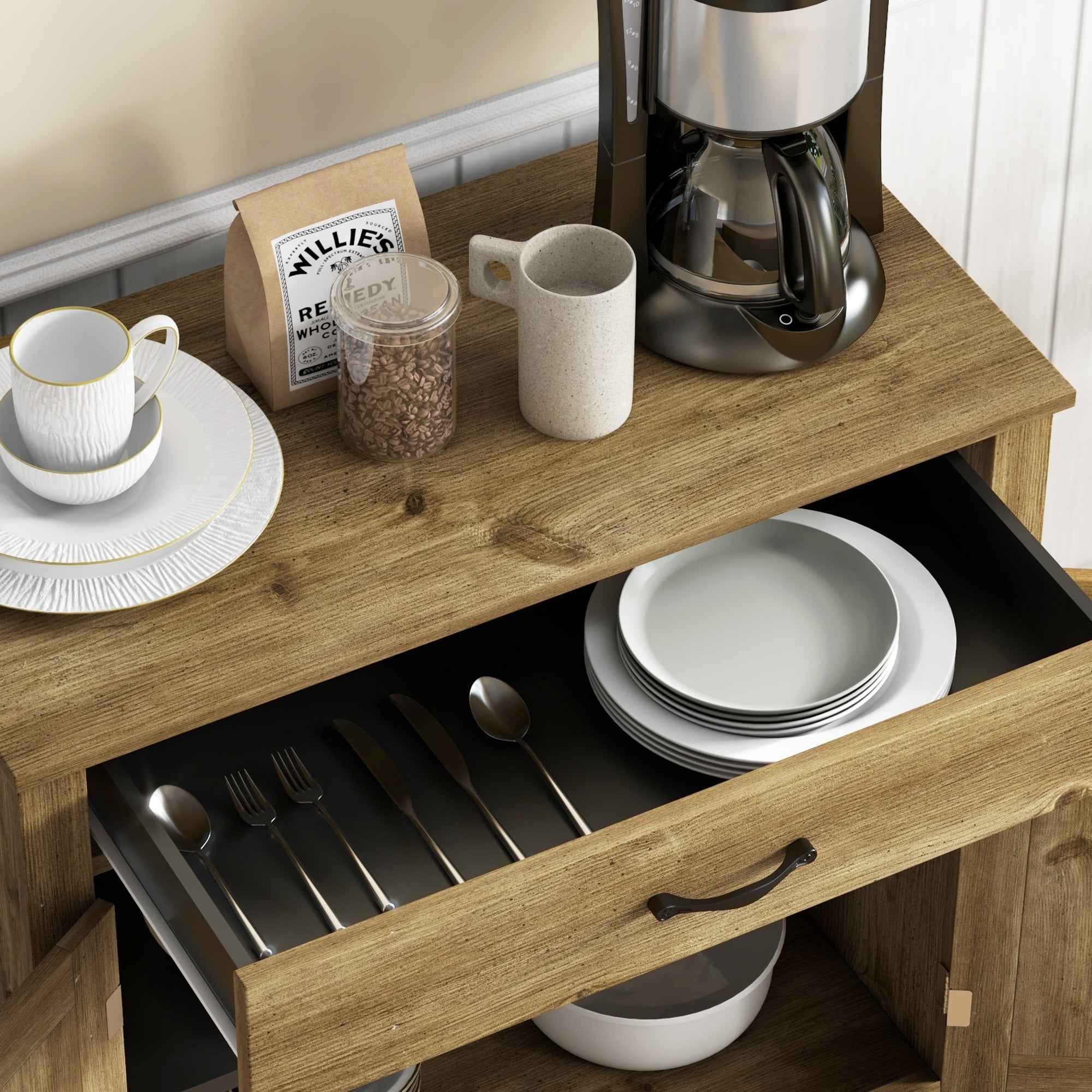 Country Kitchen Sideboard with 2-Door Cabinet and Drawer, 80x39.7x80cm, Wood Color