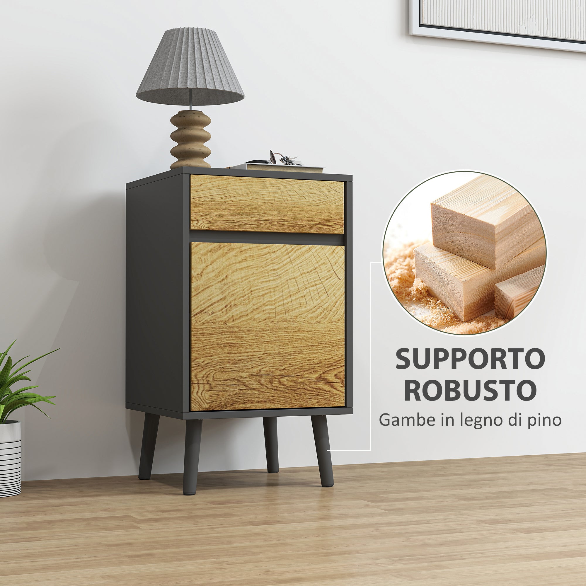 Modern Handleless Nightstand with Drawer and Cabinet, 40x39x69 cm, Dark Grey and Wood