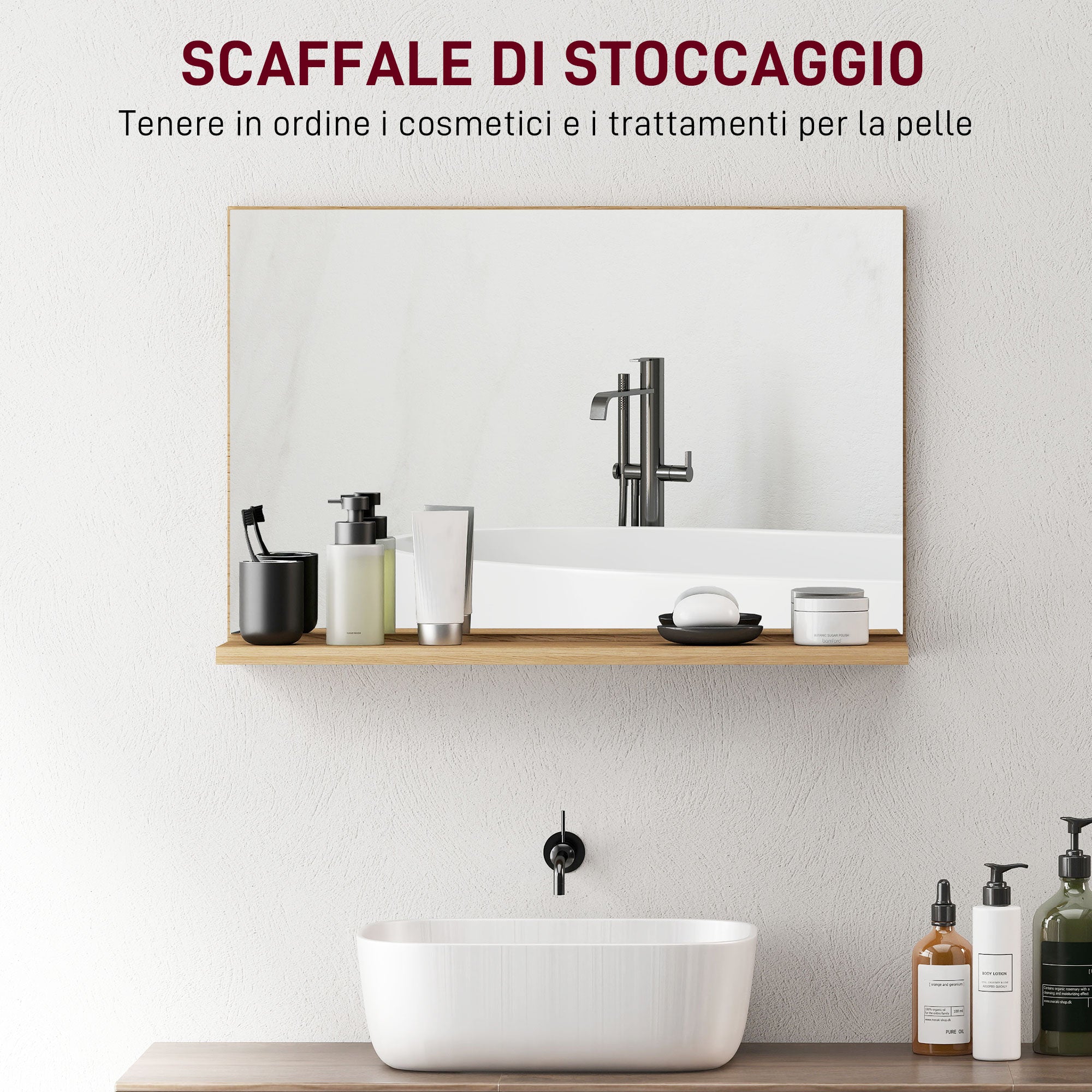 Wall Mounted Bathroom Mirror with Shelf, Modern and Multipurpose Design, 60x12x40 cm, Wood