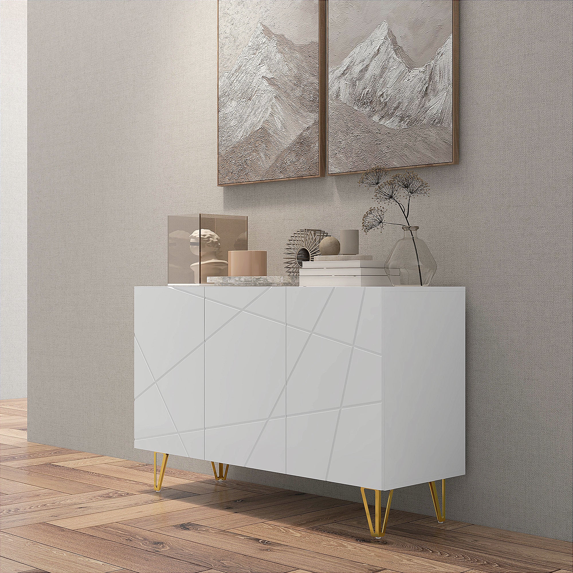Storage Unit with 2 Cabinets and Adjustable Shelf, in Chipboard and Metal, 120x40x75 cm, White and Gold