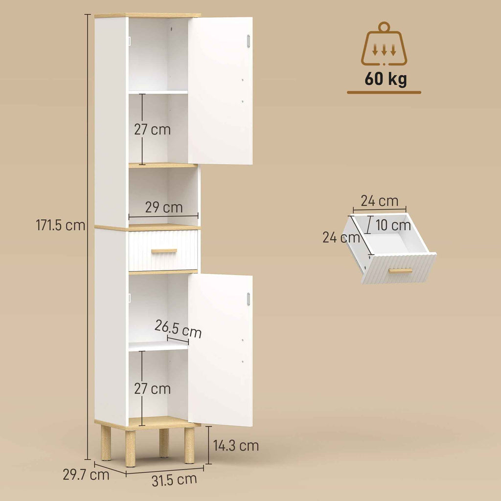 HOMCOM 172cm Bathroom Cabinet with Drawer and Adjustable Shelves, White