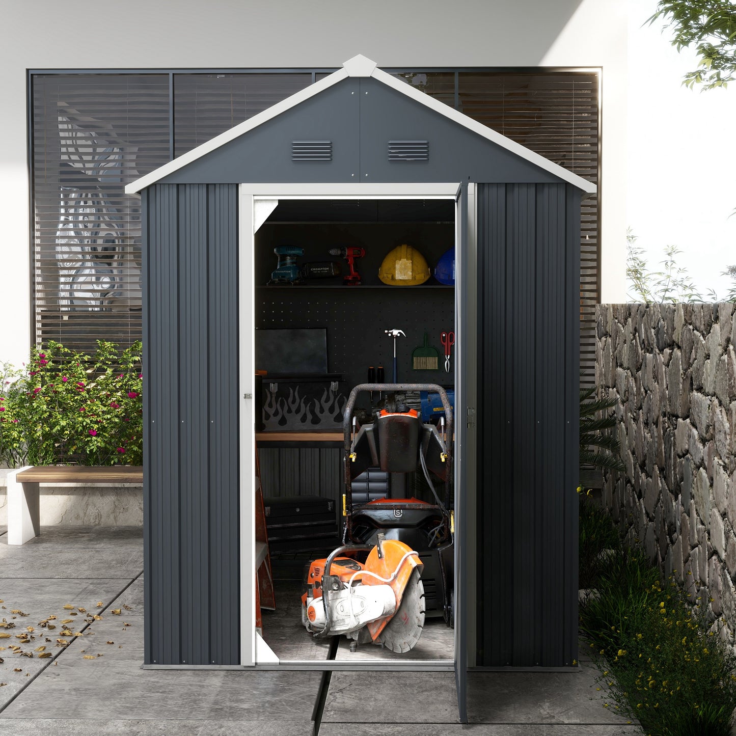 Garden Shed Tool Storage in Galvanized Steel and PP with Window, 259x172x222 cm, Grey and White