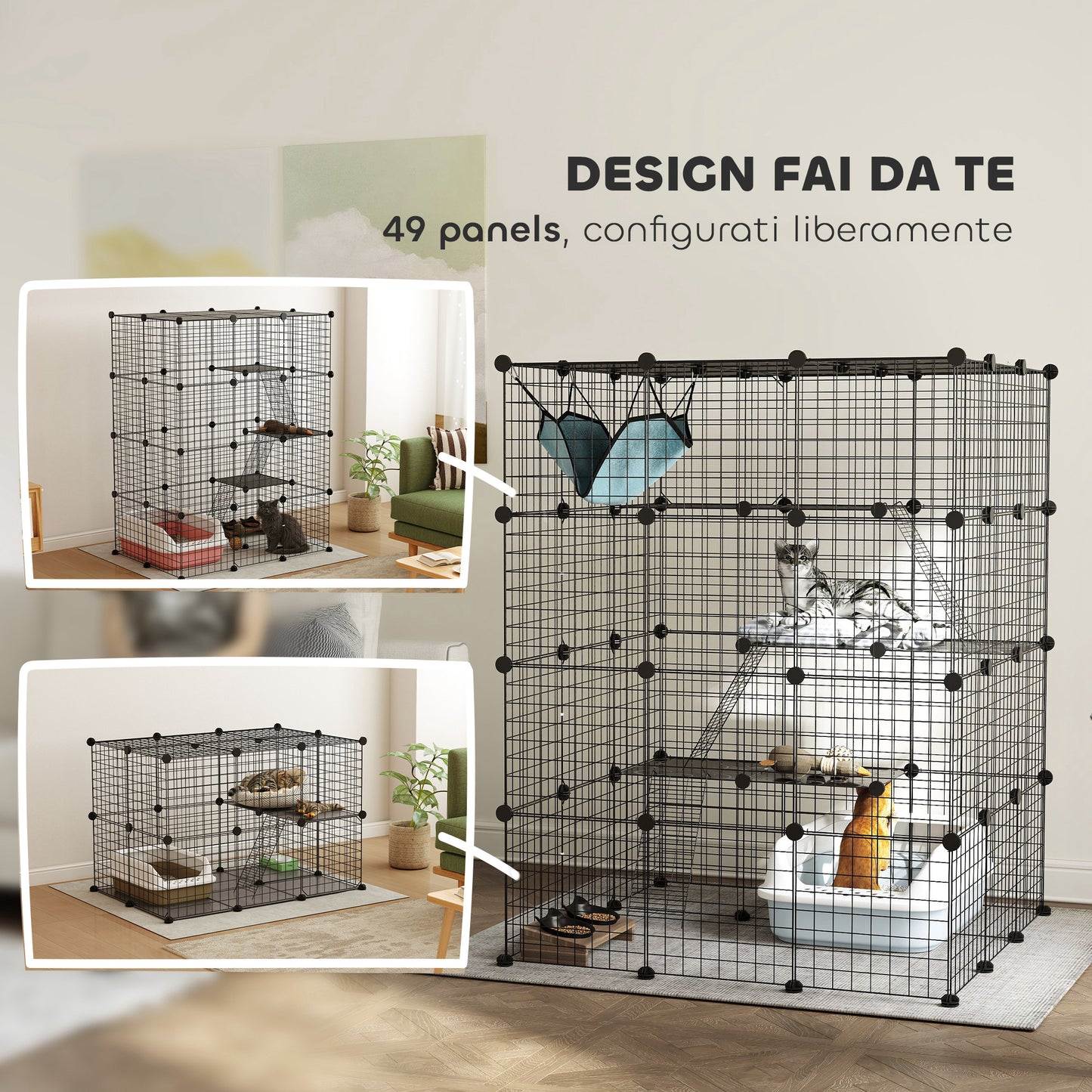 Modular 4-Tier Cat Cage with Platforms, Ramps and 5 Doors, Steel and PP, 105x105x140 cm, Black