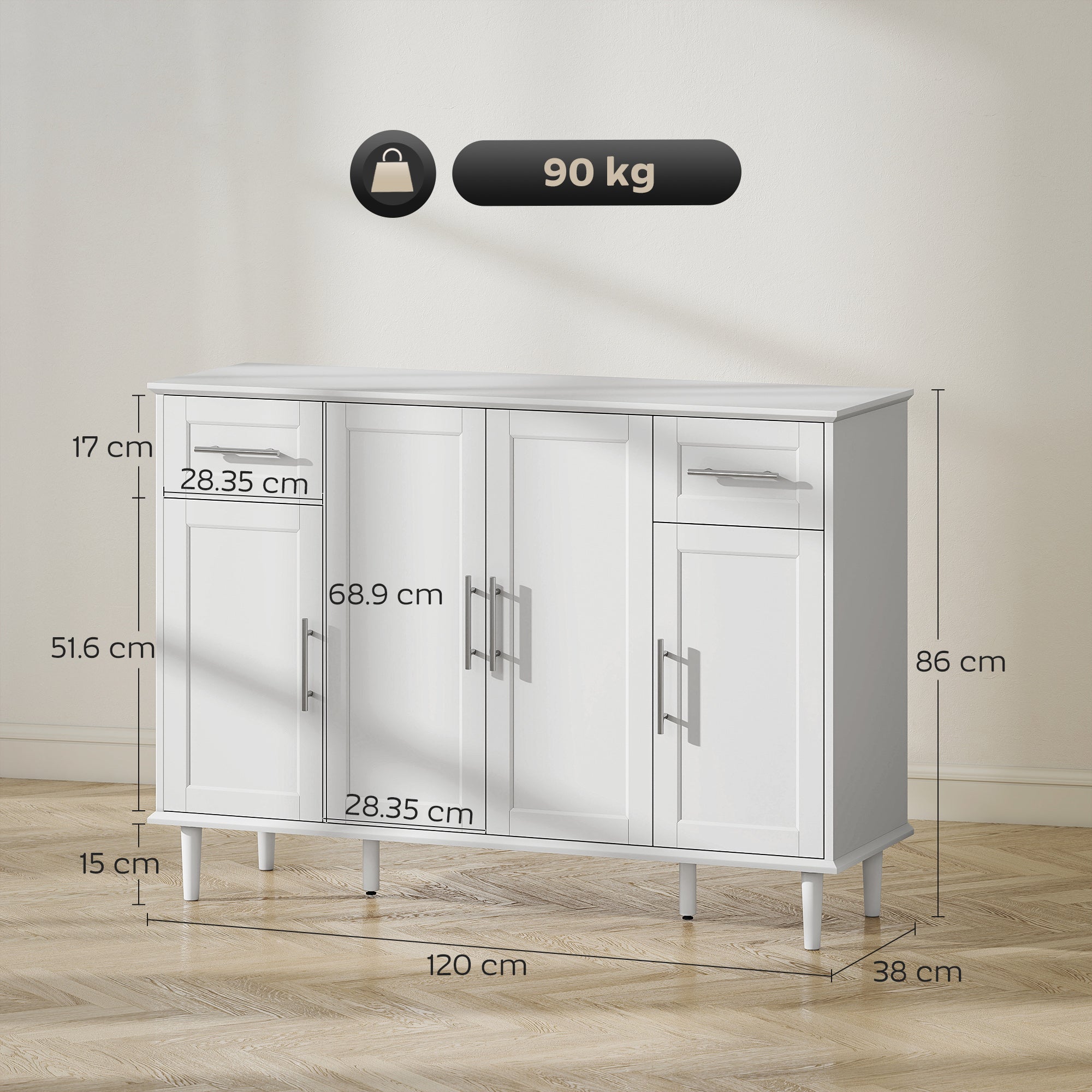 Elegant Buffet Sideboard with 2 Drawers and 3 Cabinets with Adjustable Shelves, Wooden, 120x38x86 cm, White
