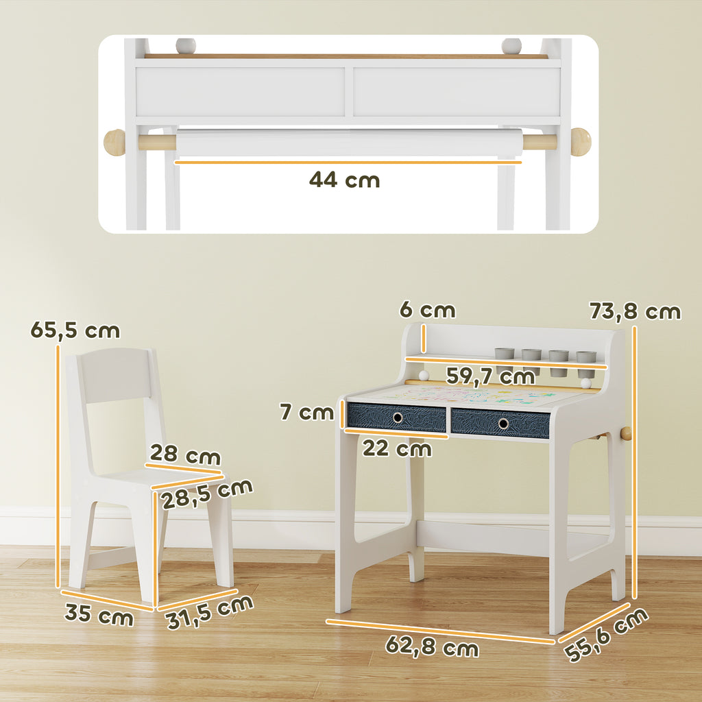 AIYAPLAY Children's Desk and Chair Set with Shelf, Cup Holder, Drawers, Wooden Kids' Room Furniture