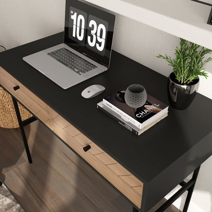 Modern Office Desk with 2 Drawers, Steel and MDF, 106x50x77 cm, Black and Oak - Borgè