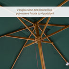 2x3m Garden Umbrella in Lacquered Wood and Bamboo with Removable Cover, Dark Green