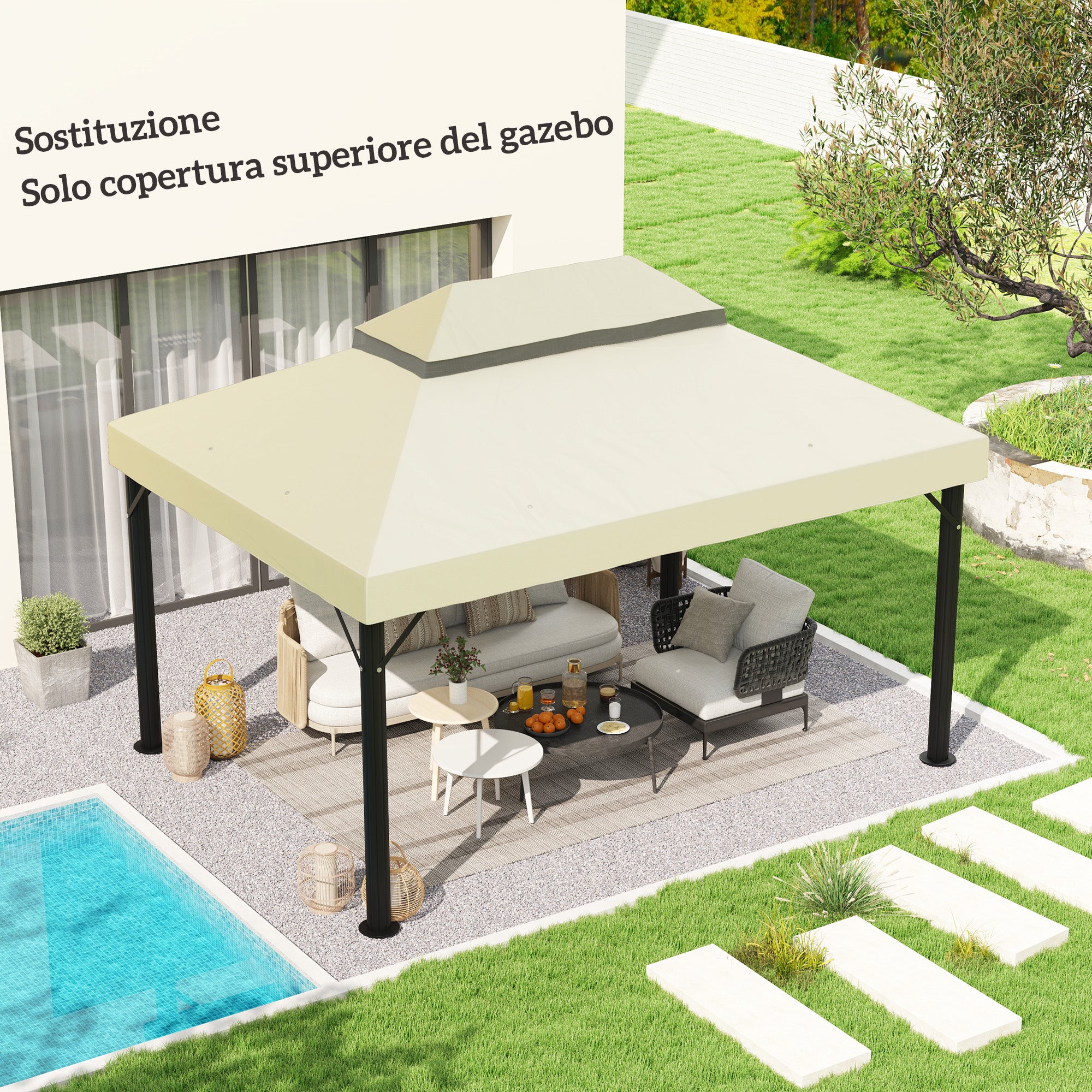 3x4m 2 Tier 600D Oxford Fabric Garden Gazebo Cover with Drainage Holes, Cream White