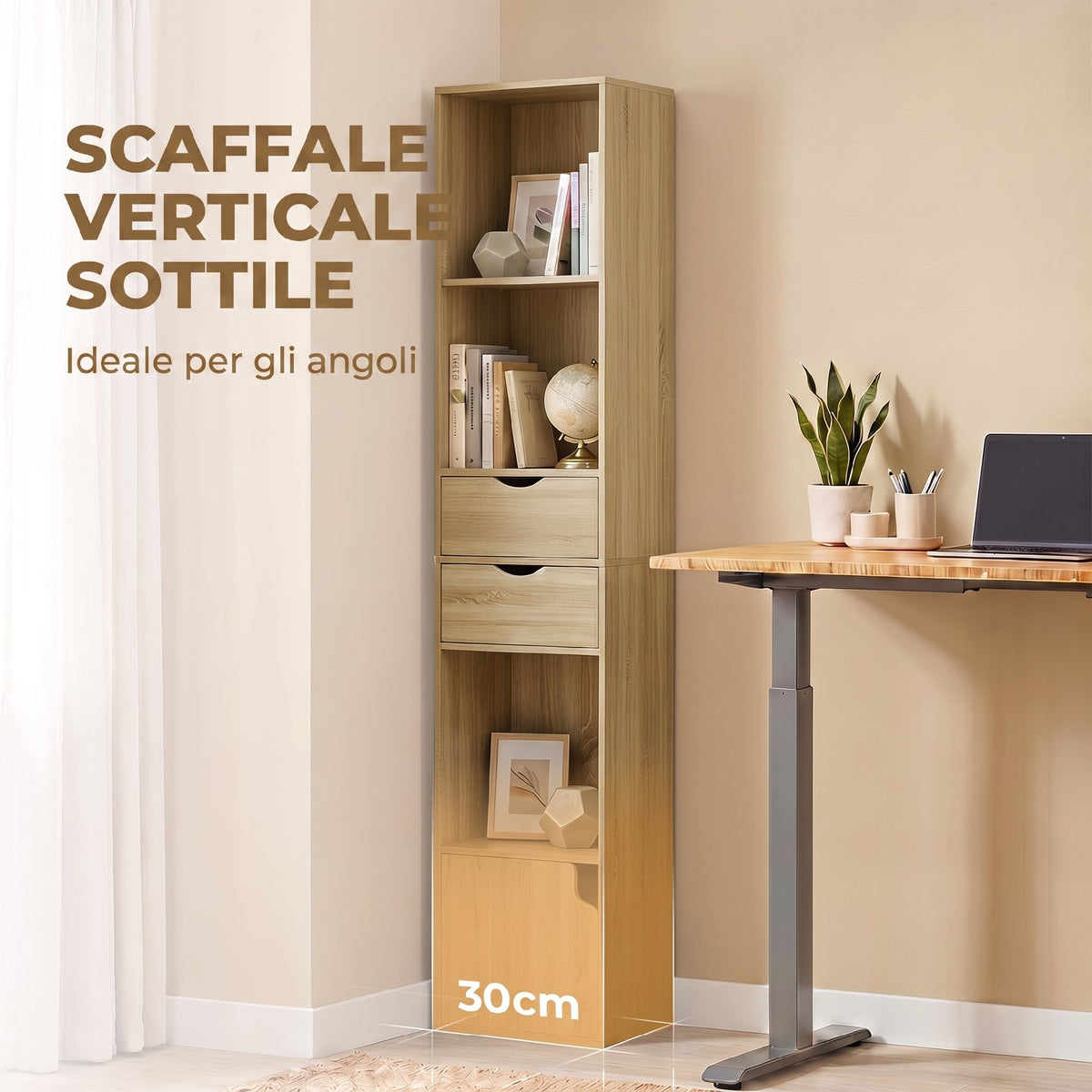 HOMCOM 6-Tier Bookcase with Drawer, Door, Open Shelves, 30x24x158 cm, Oak