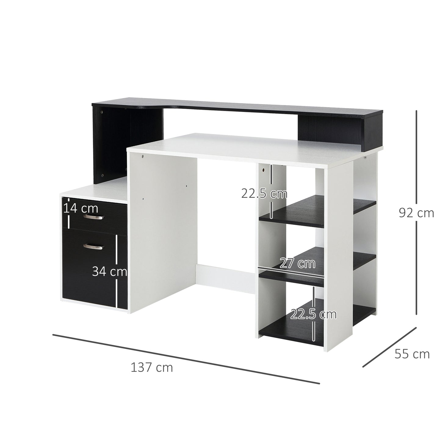 Homcom office desk with printer shelf, 2 drawers and 3 shelves, in black and white mdf, 137 x 55 x 92cm - Borgè