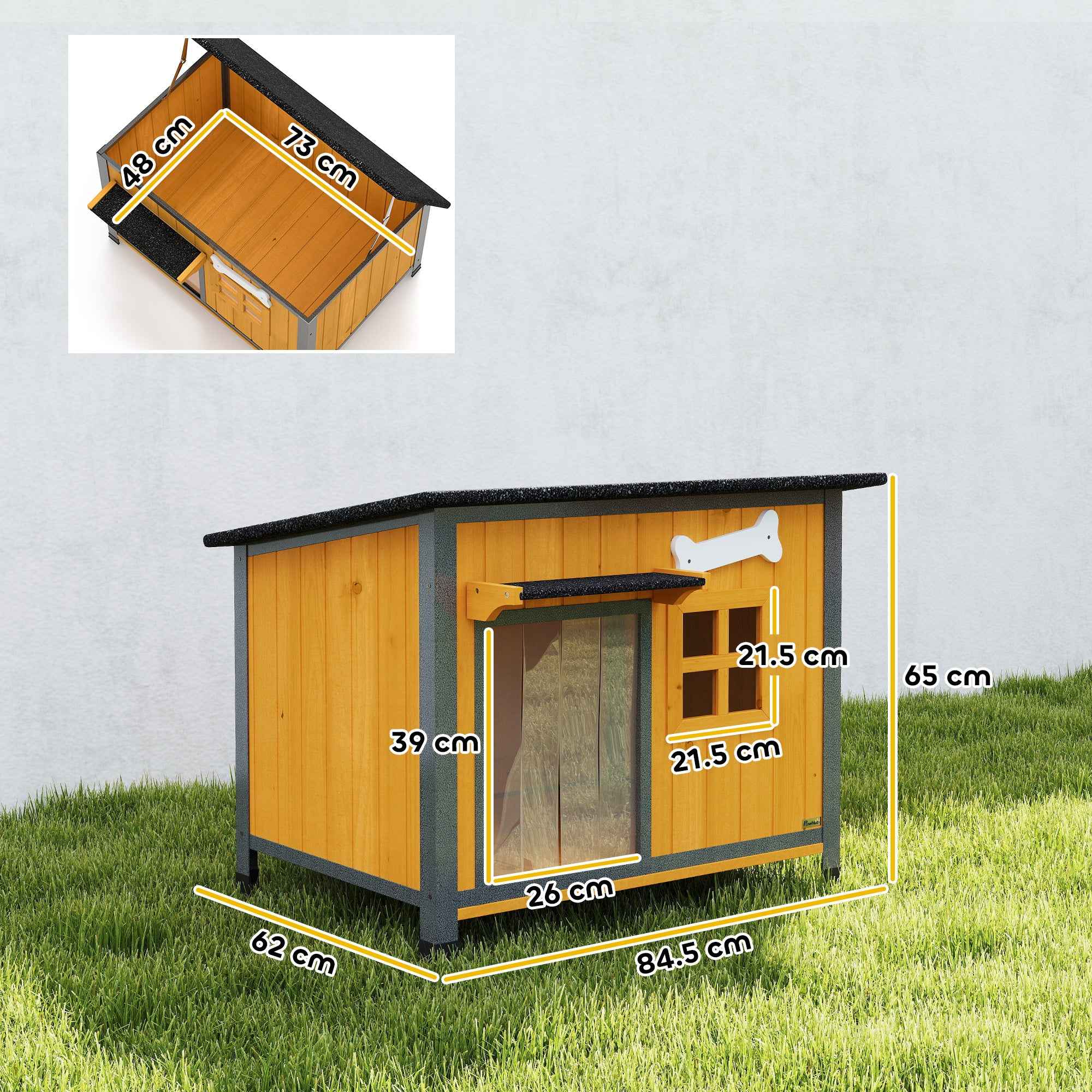 PawHut Outdoor Dog Kennel in Wood and Steel, Bite-Resistant, with Opening Roof and Door Curtain, Yellow