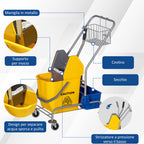 Cleaning Trolley with Wringer, 25L Bucket and Plastic Shelf, in PP and Metal, 72x49.5x95 cm, Blue and Yellow