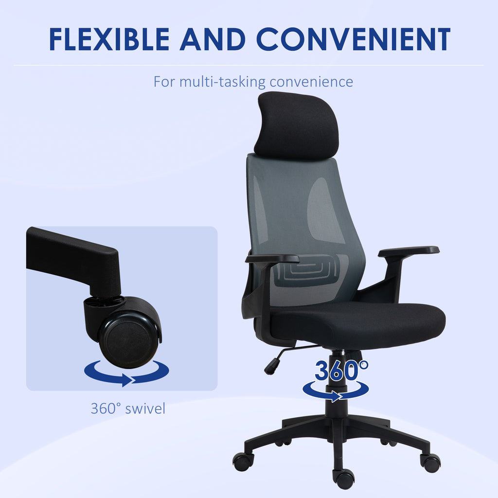 Office Chair with Lumbar Support and Headrest, Swivel Seat with Adjustable Height, Black