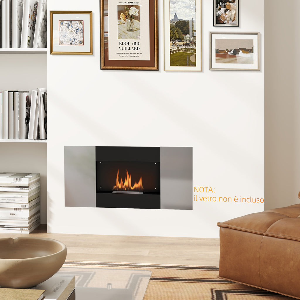 Wall Mounted  0.9L Bioethanol Fireplace with Protective Panel, Stainless Steel and Glass, 100x15x54 cm, Black and Silver
