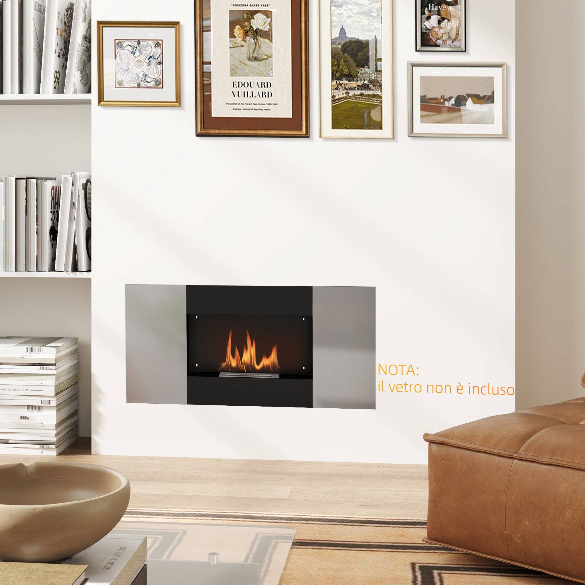 Wall Mounted  0.9L Bioethanol Fireplace with Protective Panel, Stainless Steel and Glass, 100x15x54 cm, Black and Silver
