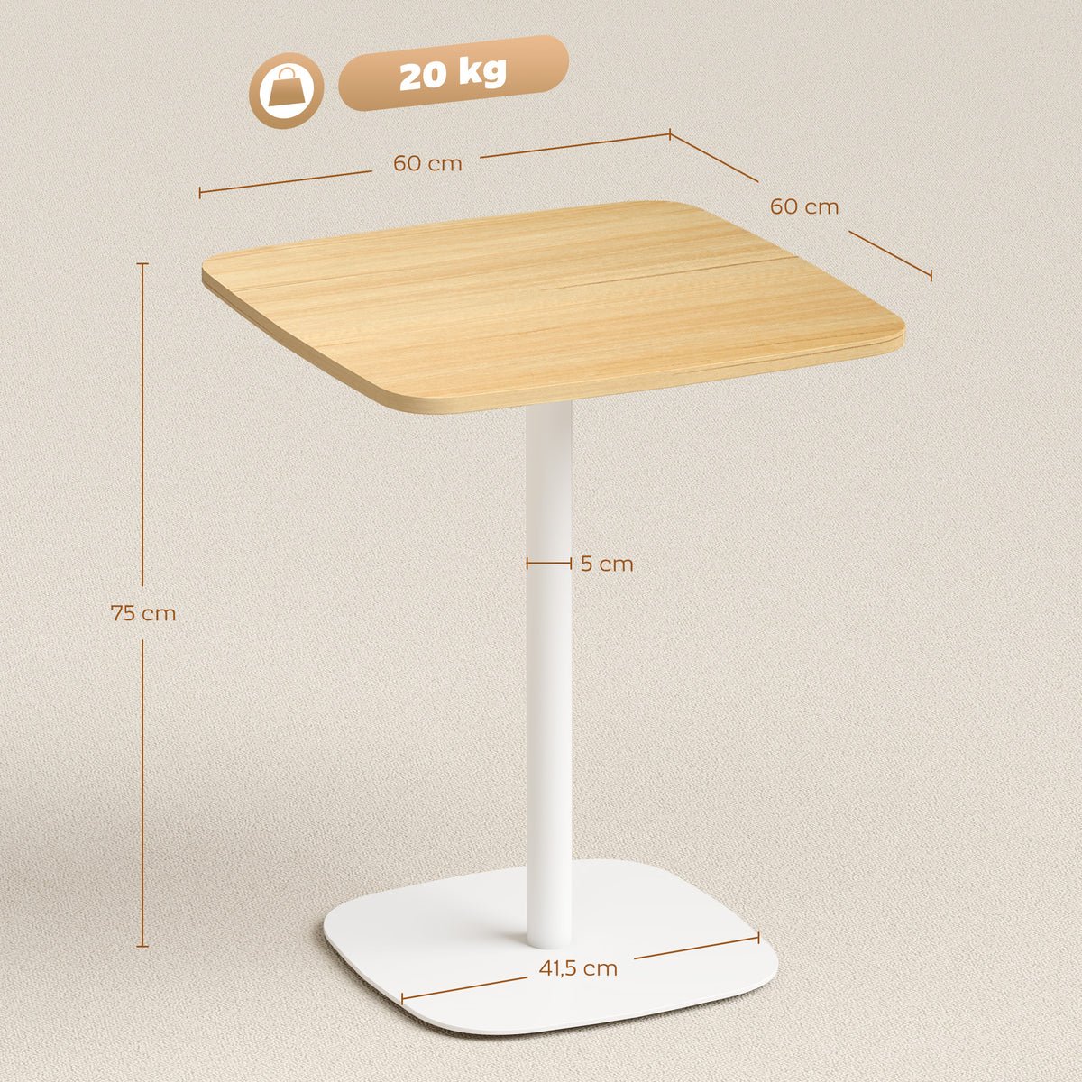 HOMCOM Small Square Dining Table 60cm, Kitchen Table with Wood Effect Top, Steel Base and Non-Slip Feet, Natural Wood