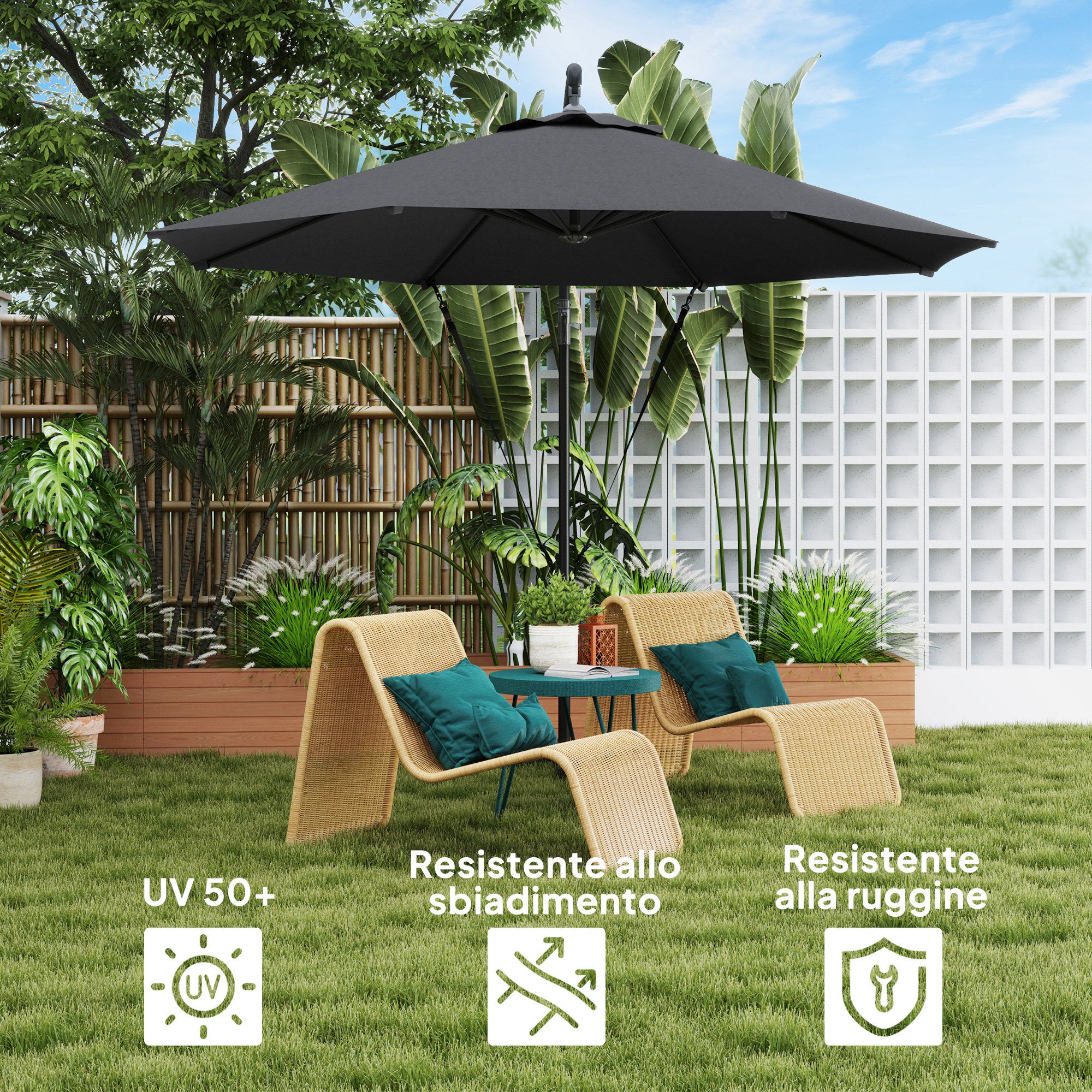 Round Tiltable and Swivel Garden Umbrella, Crank and UPF 50+ Protection, Ø3 m, Dark Gray