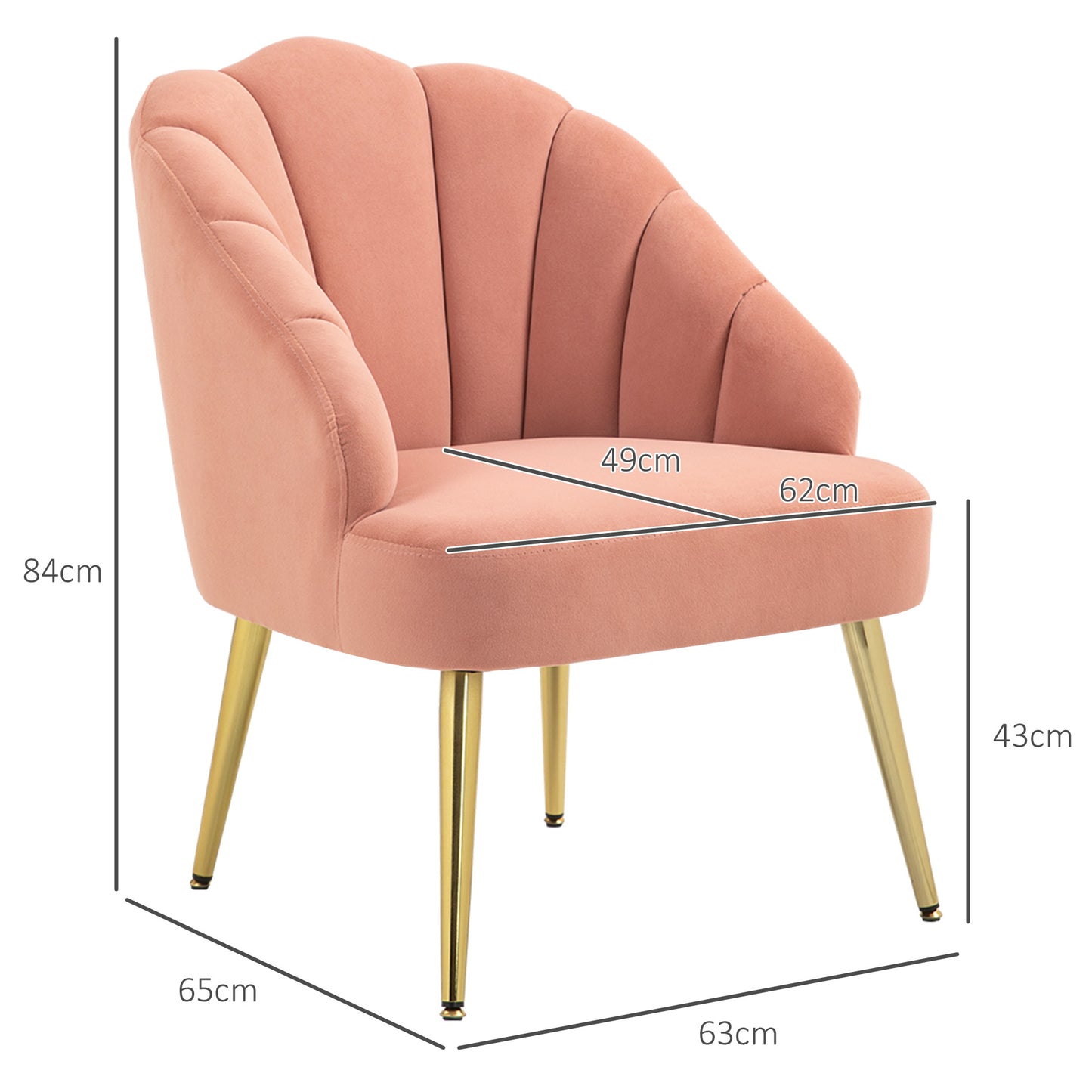 Art Deco Style Shell Living Room Armchair, Velvet and Steel, 63x65x84 cm, Pink