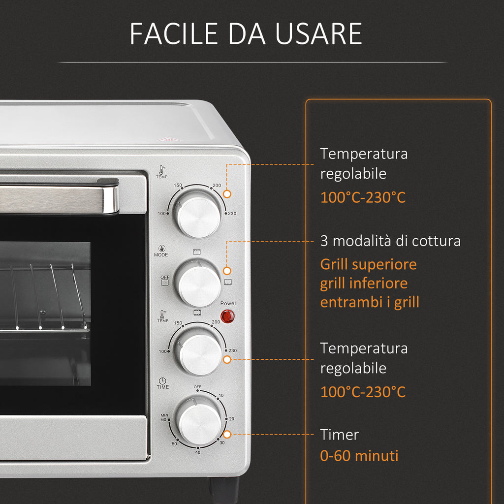 HOMCOM 32L Electric Oven with Temperature and Timer Control, 3 Cooking Modes and Accessories, Silver