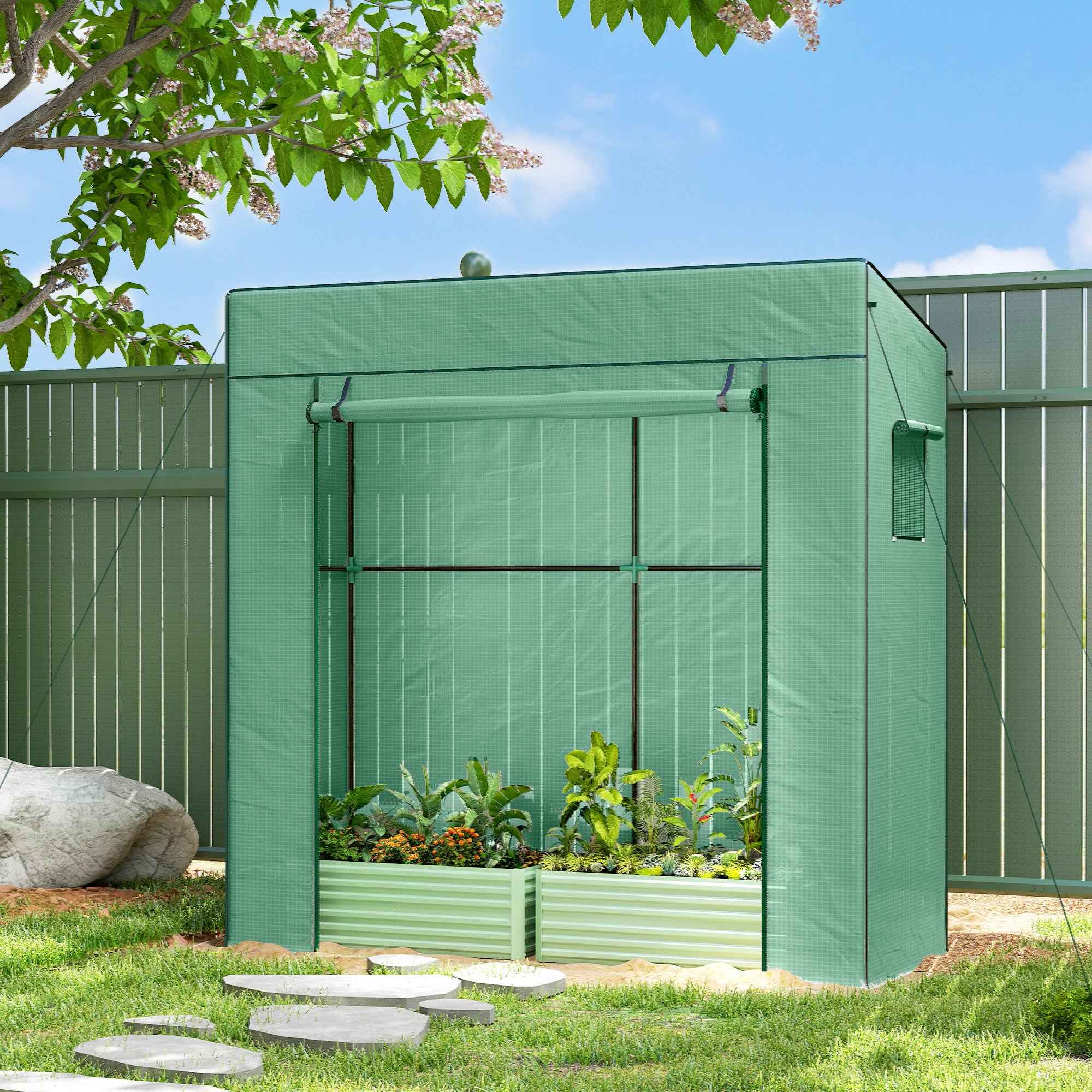 Outsunny Greenhouse for Plants with 2 Side Mesh Windows and Roller Door, in PE and Steel, 196x77x197 cm, Green