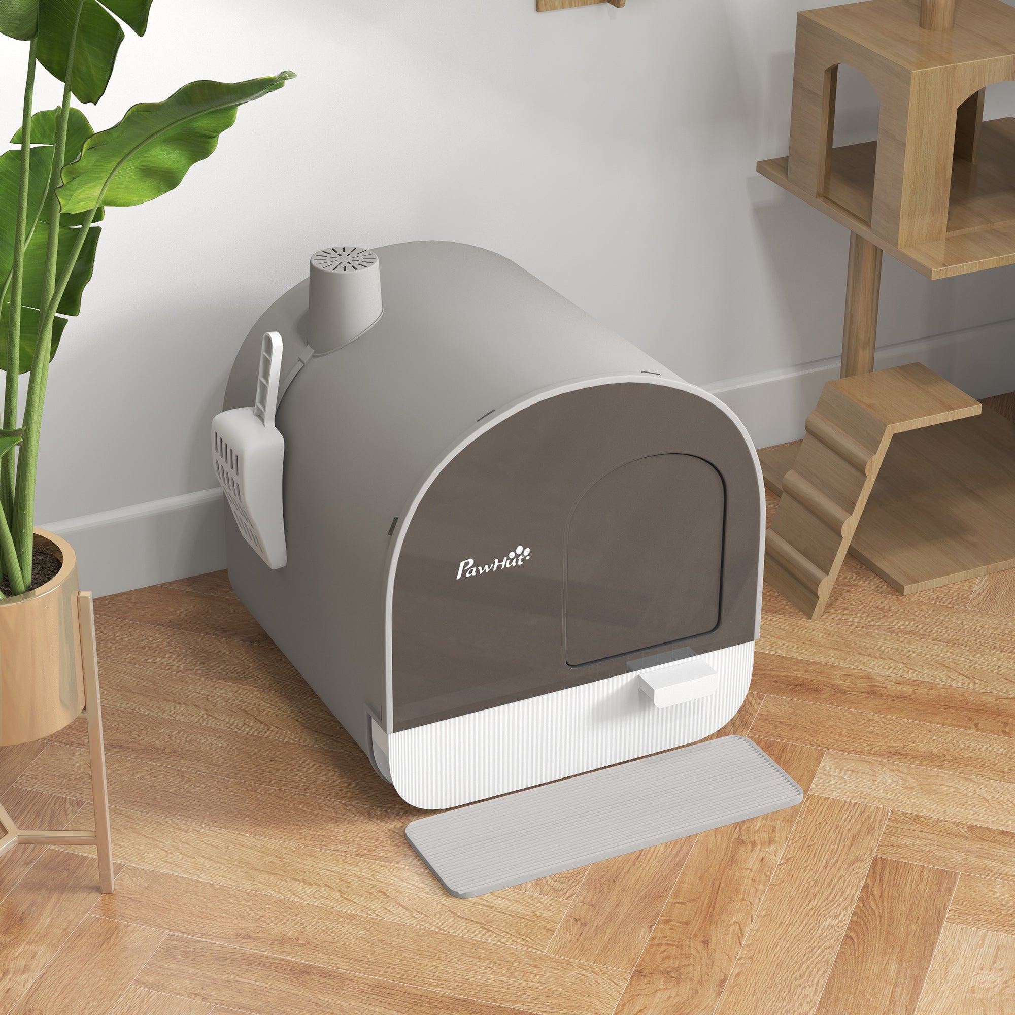PawHut Closed Cat Litter Box with Filters, Scoop and Tray, PP Structure, 43x44x47cm, Gray - Borgè