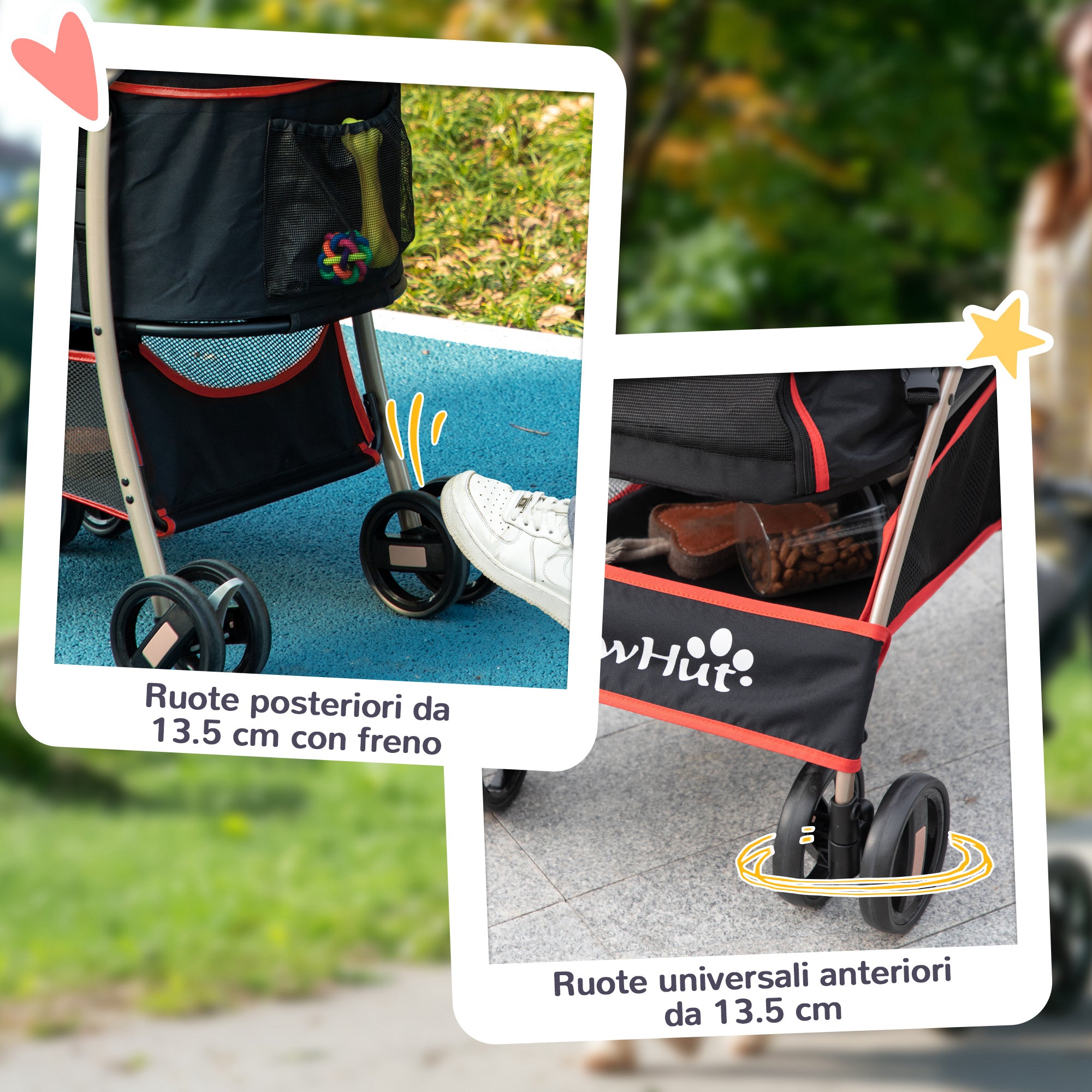 Convertible Dog Stroller with 2 Leashes and Cushion, in Steel and Polyester, 82x49.5x98 cm, Red and Black