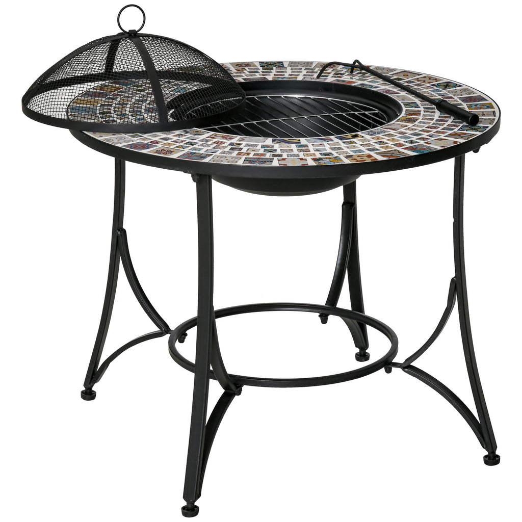 3-in-1 Outdoor Fire Pit with Table, Grill, and Poker, Made of Metal and Ceramic, 75x75x60 cm
