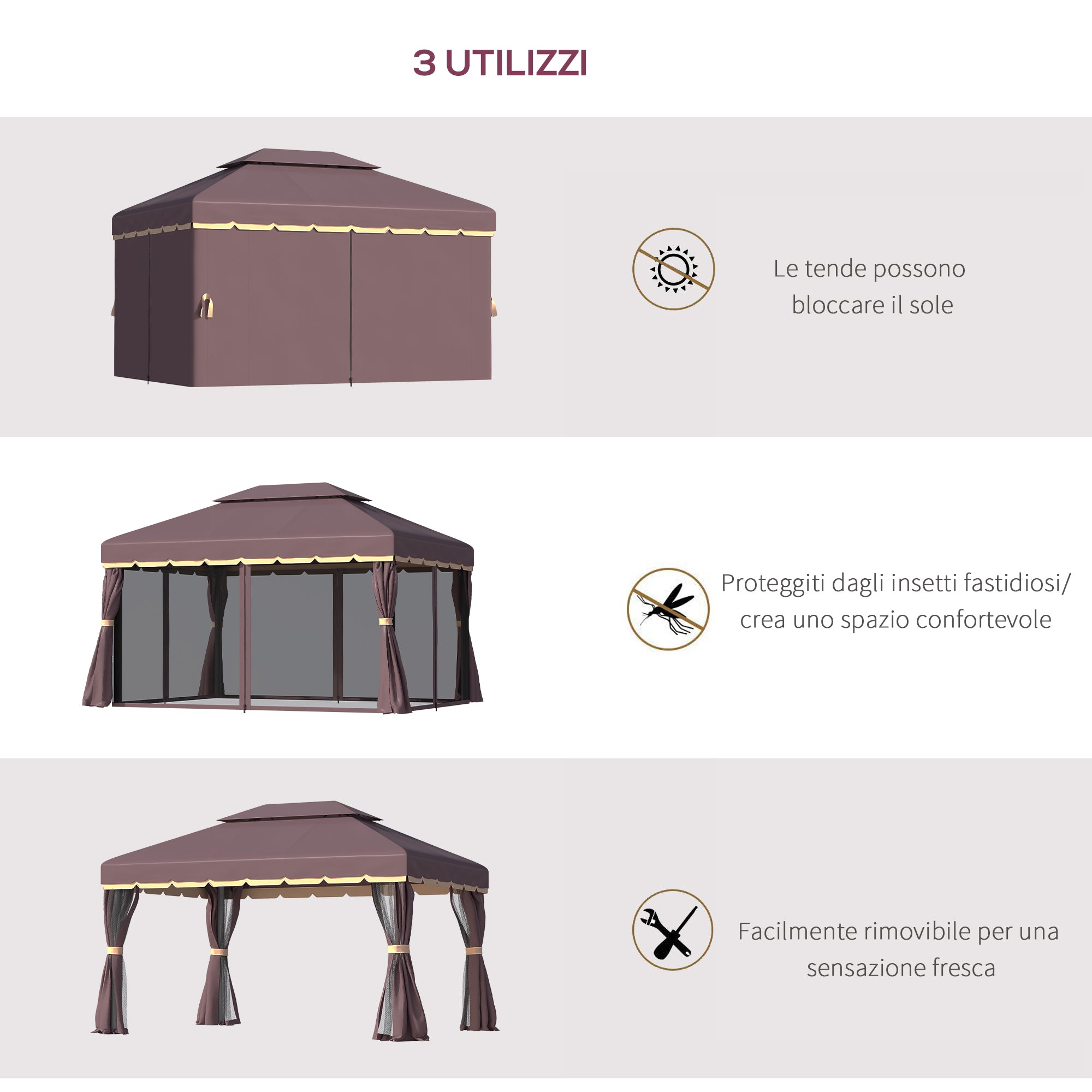 3x4m Garden Gazebo with Double Roof, Mosquito Net and Curtains, Aluminum and Polyester, Coffee Color