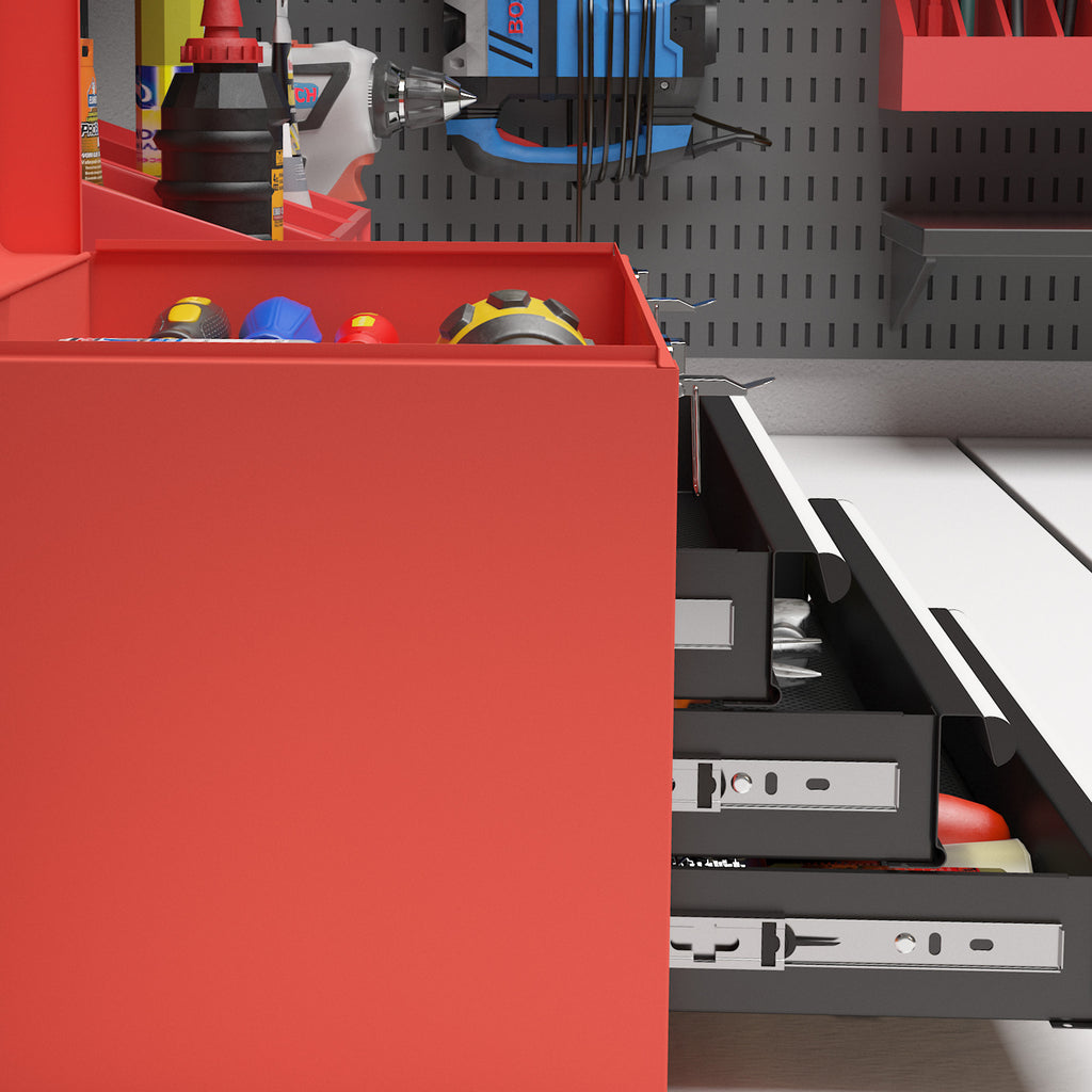 Tool Box with 3 Drawers and Upper Compartment in Steel with Handle, 45x24x27cm, Red