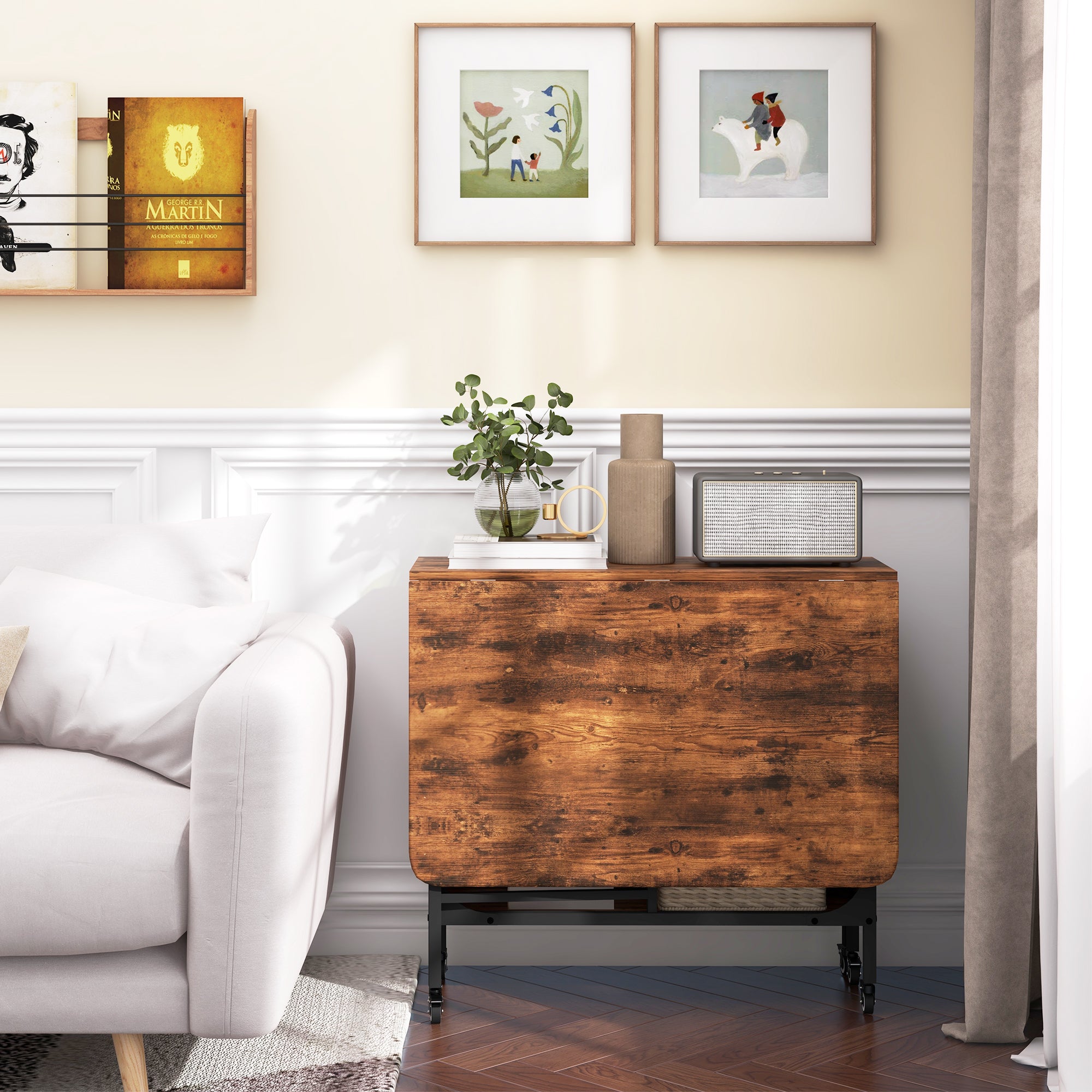 Foldable Table with 6 Wheels and Shelf Industrial Style Wood and Metal, Rustic Brown