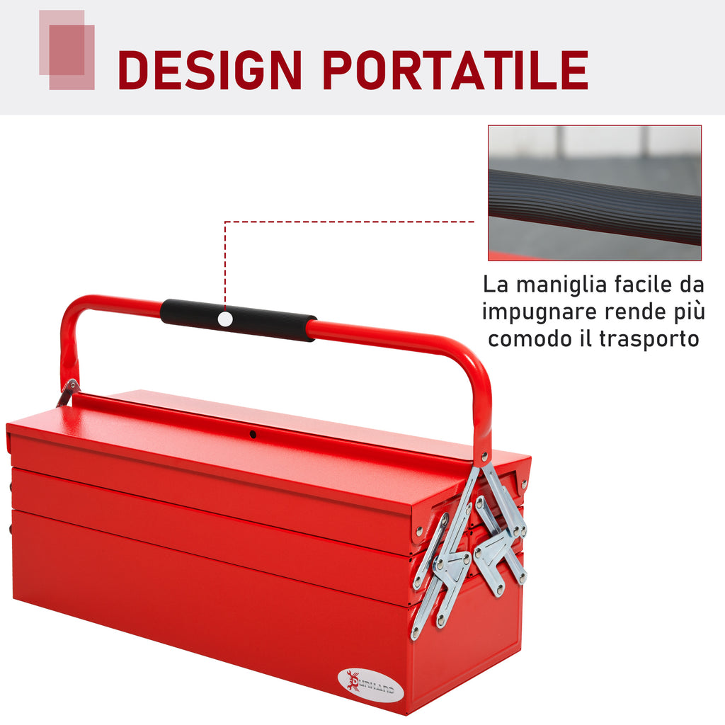 Folding Steel Tool Box with 5 Trays, Tool Case 56x20x41 cm, Red