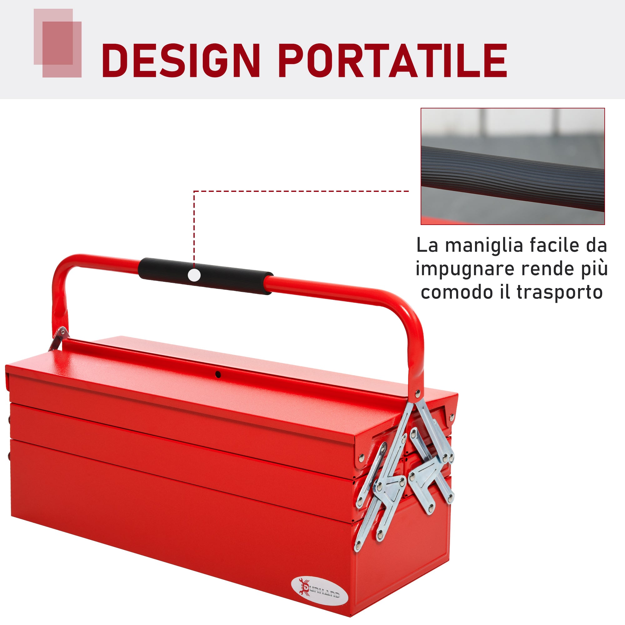 Folding Steel Tool Box with 5 Trays, Tool Case 56x20x41 cm, Red