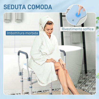 Shower Stool with Grooved Seat and Armrests, Adjustable Height and Non-Slip Feet, Blue