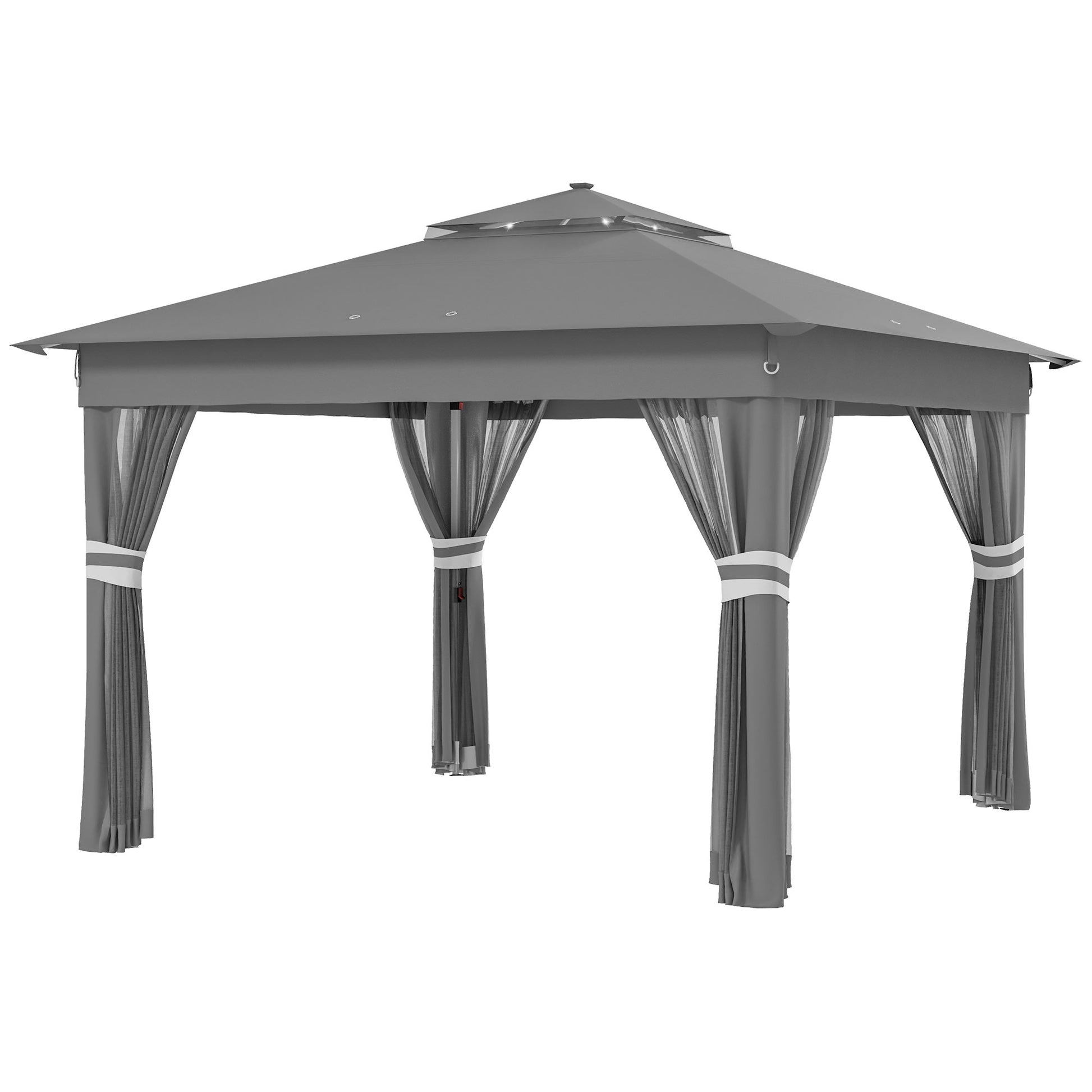 Adjustable Height Garden Gazebo with LED Lights, in Steel and Oxford Fabric, 336x336x250-270 cm, Grey - Borgè