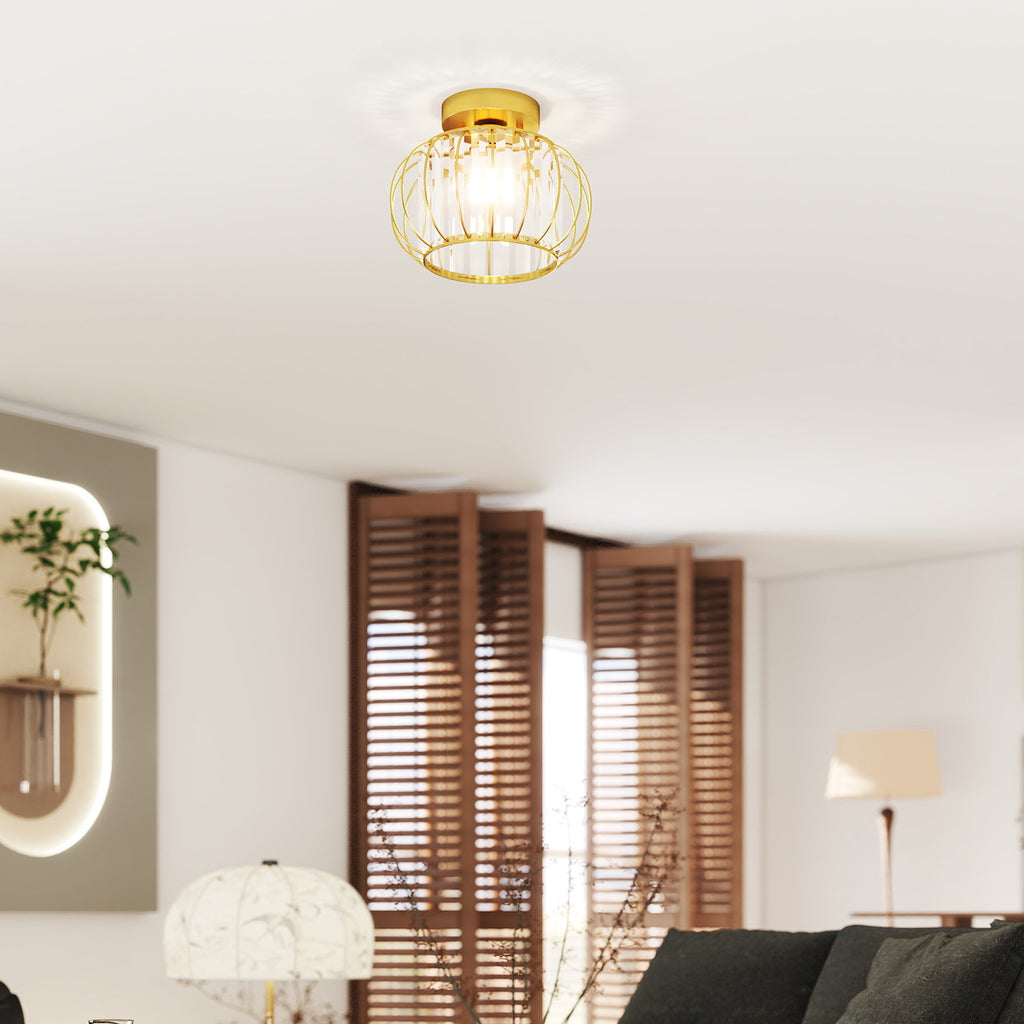 Modern and Minimal LED Cage Ceiling Light with 18 Crystals, Gold Metal, Ø27x19 cm