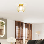 Modern and Minimal LED Cage Ceiling Light with 18 Crystals, Gold Metal, Ø27x19 cm