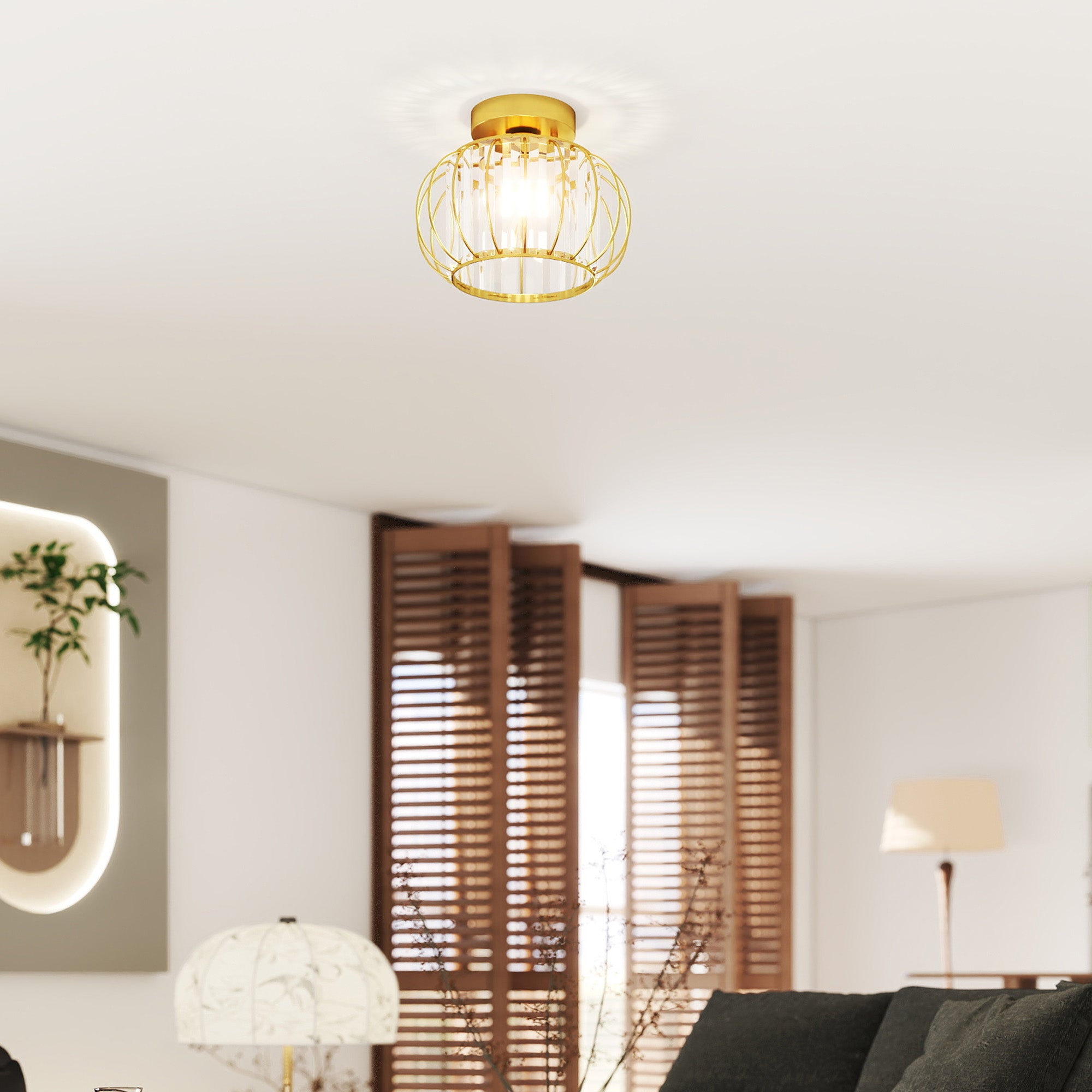 Modern and Minimal LED Cage Ceiling Light with 18 Crystals, Gold Metal, Ø27x19 cm