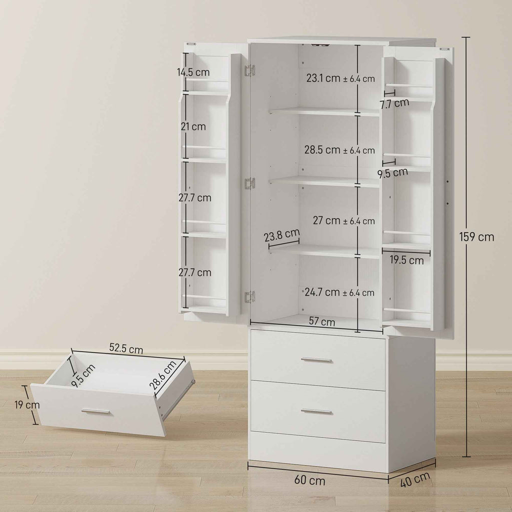 HOMCOM Kitchen Cabinet Sideboard with 8 Spice Racks and 2 Drawers, 60x40x159 cm, White