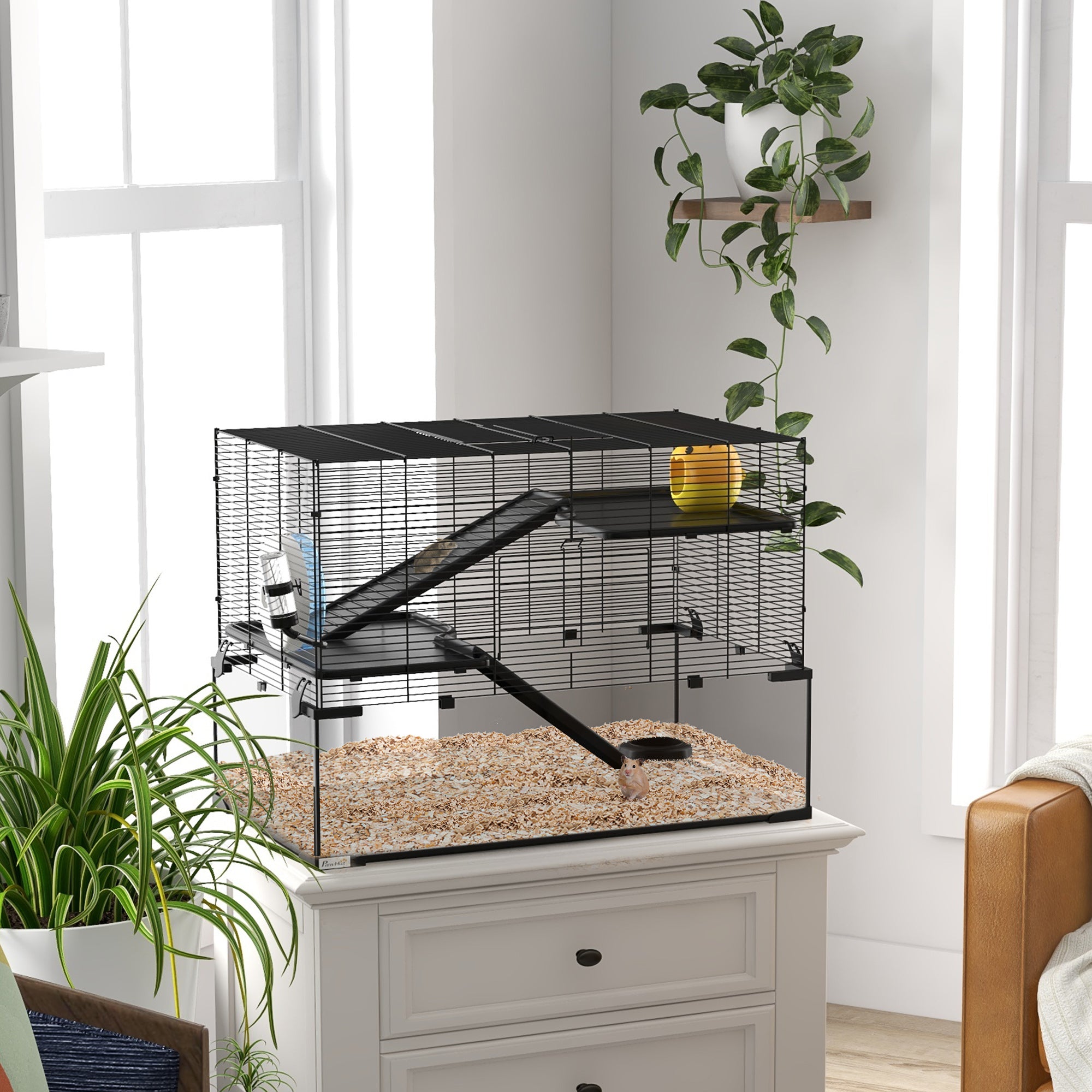 3-Tier Hamster Cage with Tempered Glass Base, Wheel and Accessories, 76.5 x 48.5 x 54.5 cm, Black