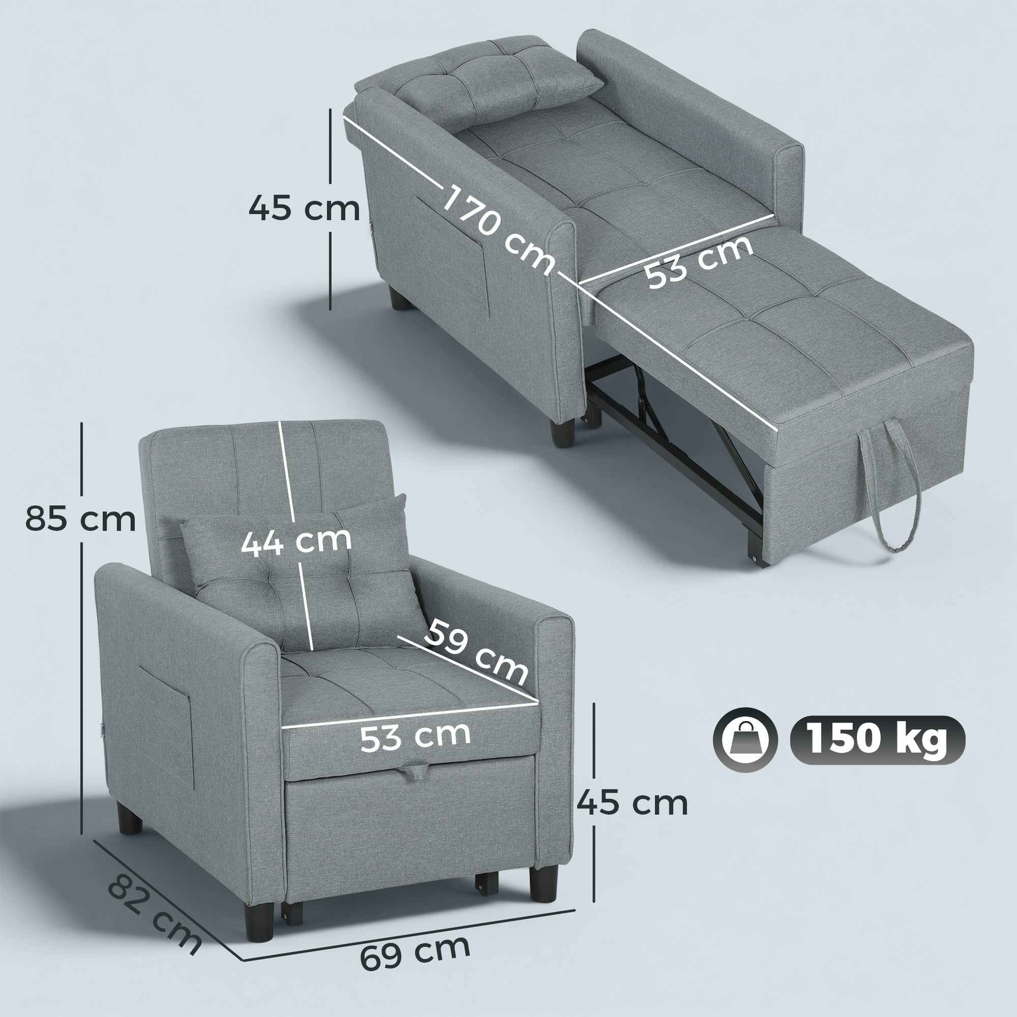 Folding Convertible Sofa Bed with Adjustable Backrest and Cushion, Grey