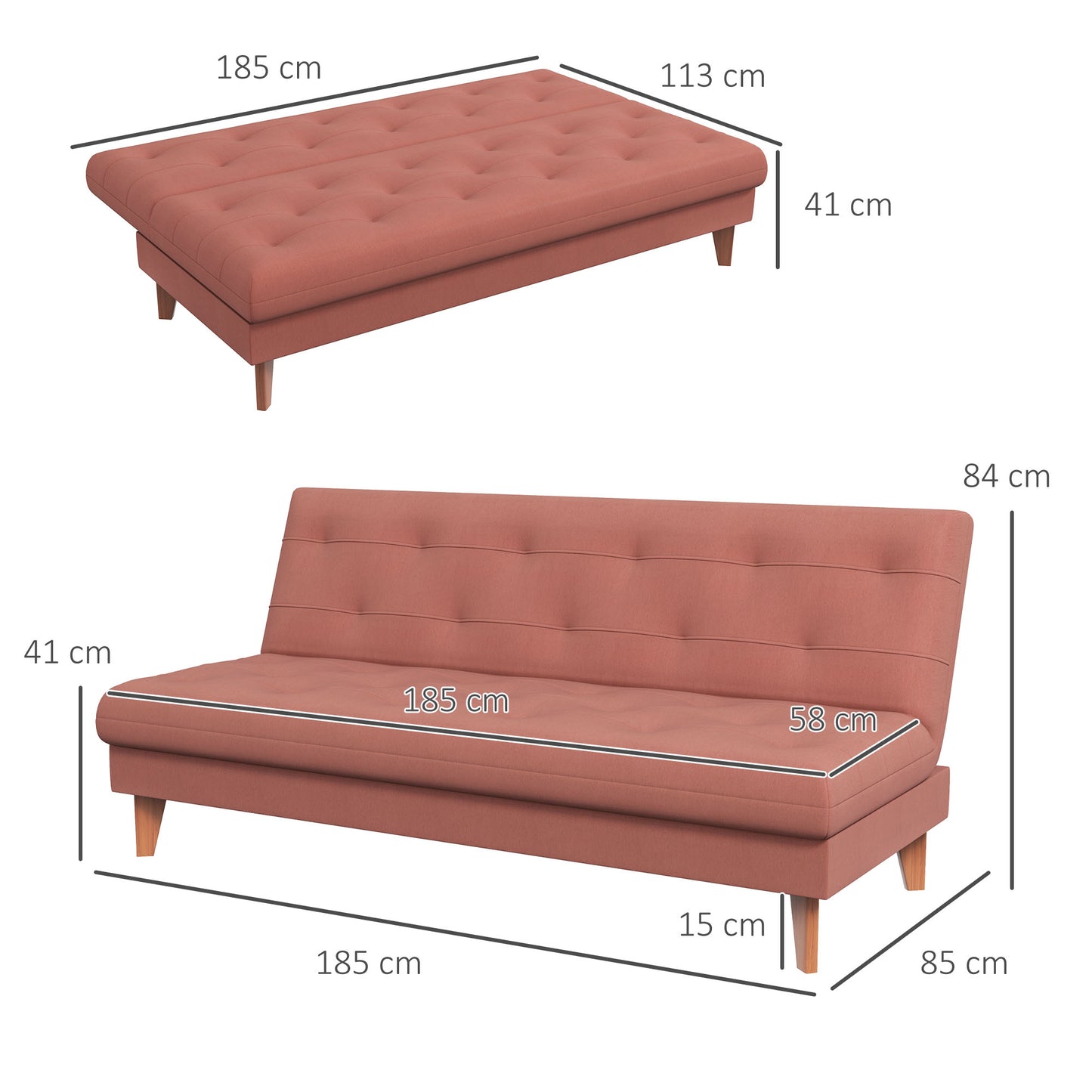 Homcom sofa bed 3 seats with 3 -level microfiber levels adjustable backrest, 185x85x84cm, orange - Borgè