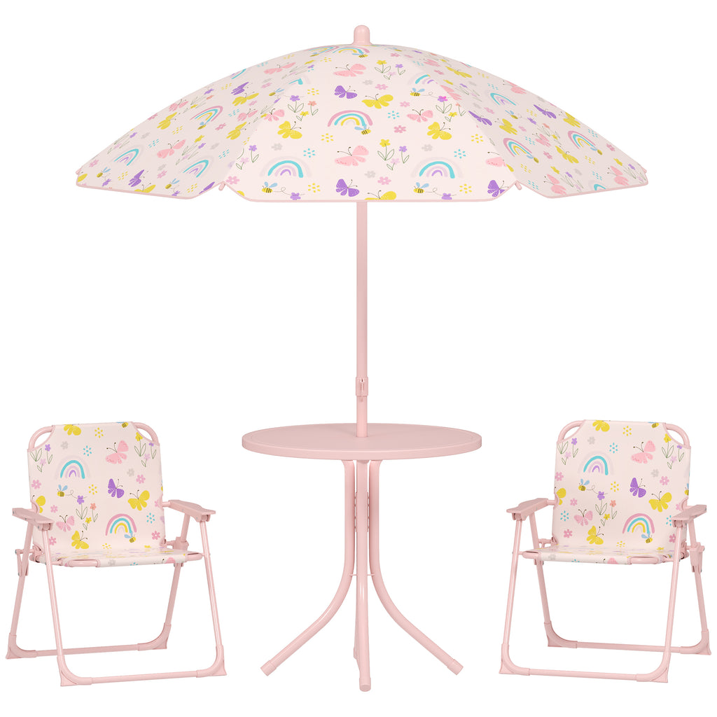 Garden Set for Children 2-5 Years with Round Table, 2 Folding Chairs and a Umbrella, Pink